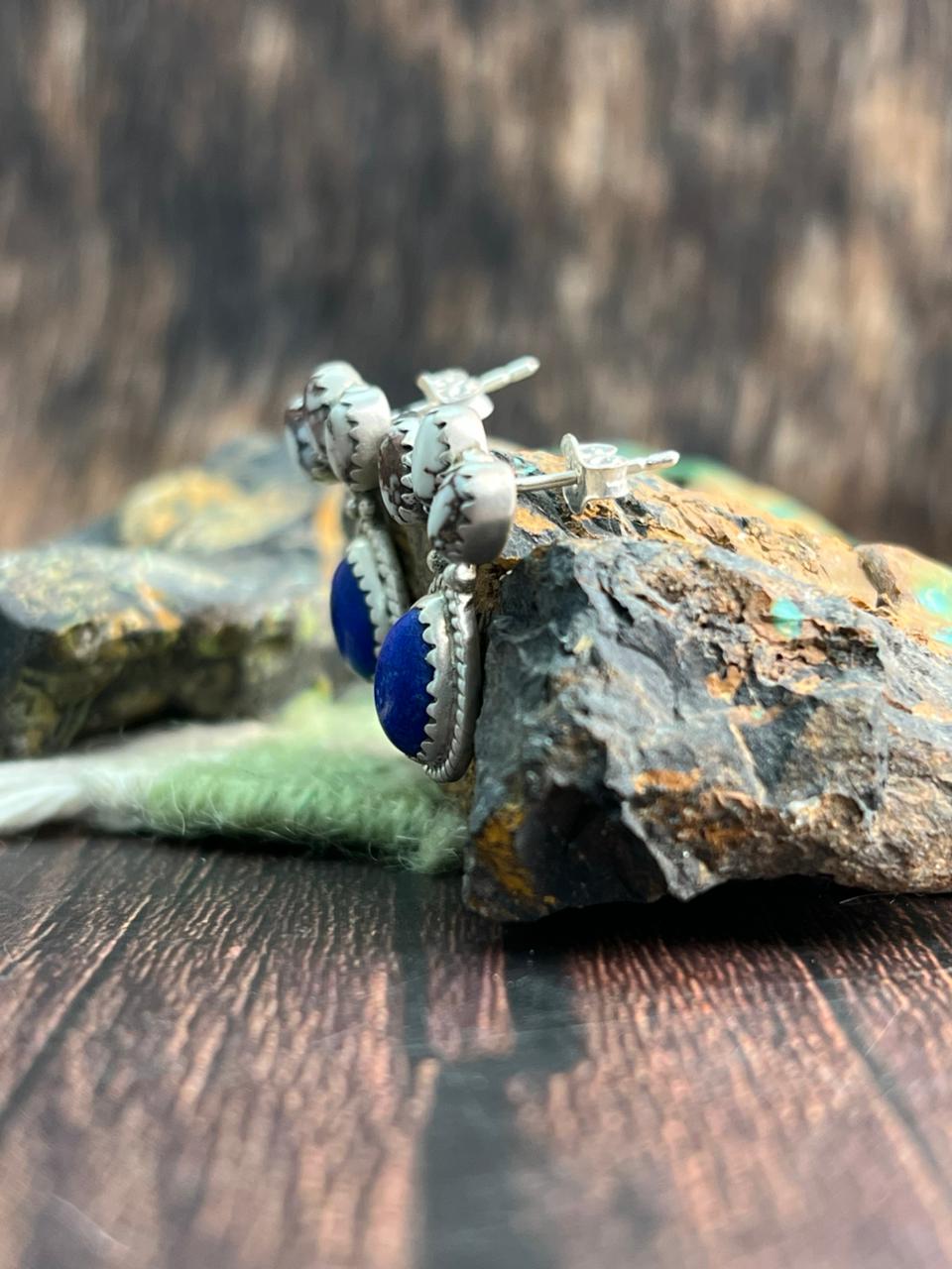 Handmade Sterling Silver Lapis with Wildhorse Magnesite Post Studs Earrings "Signed Nizhoni"