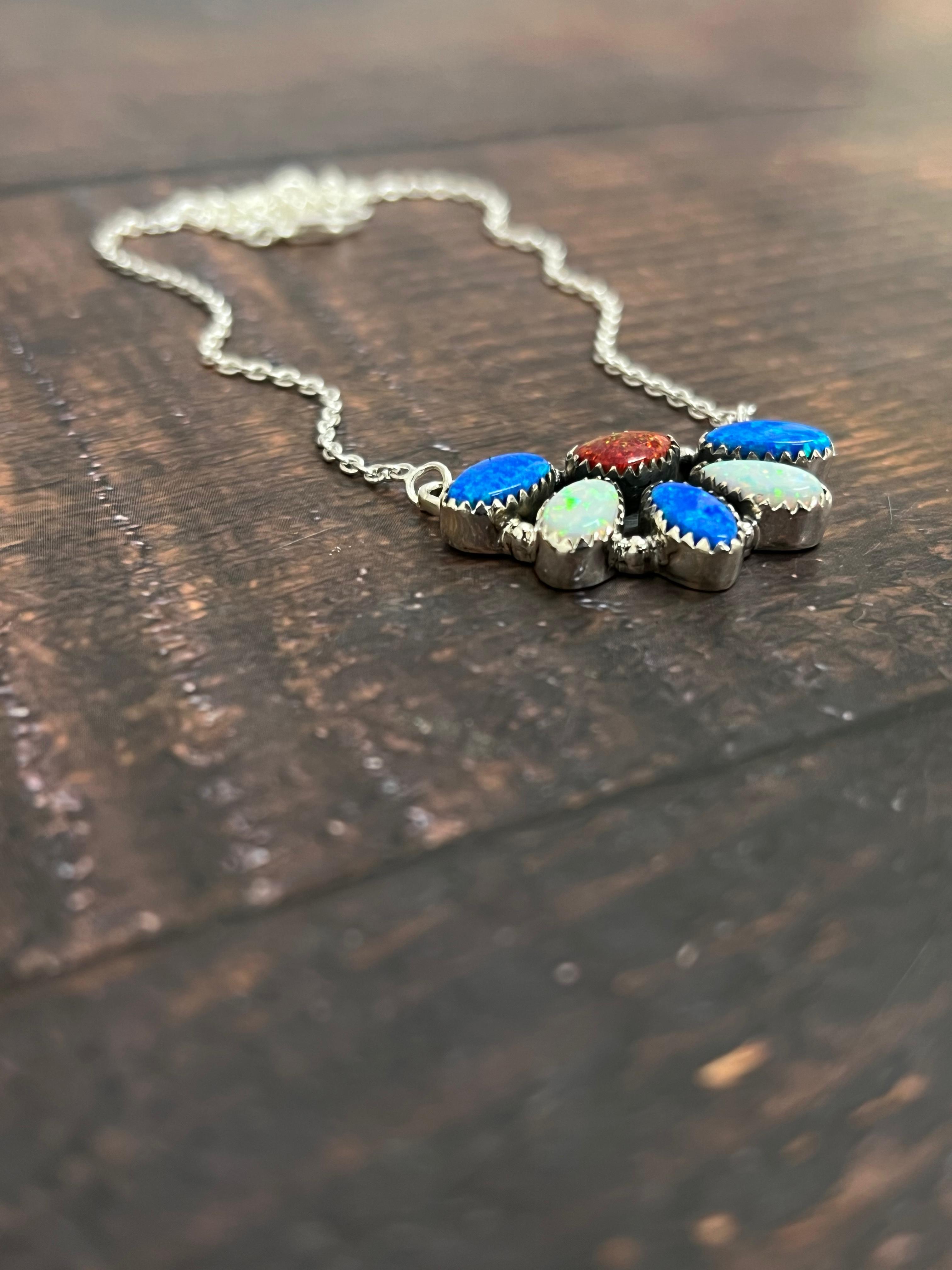 ** 4TH OF JULY ** Handmade Sterling Silver Synthetic Opal Necklace with Signed Nizhoni
