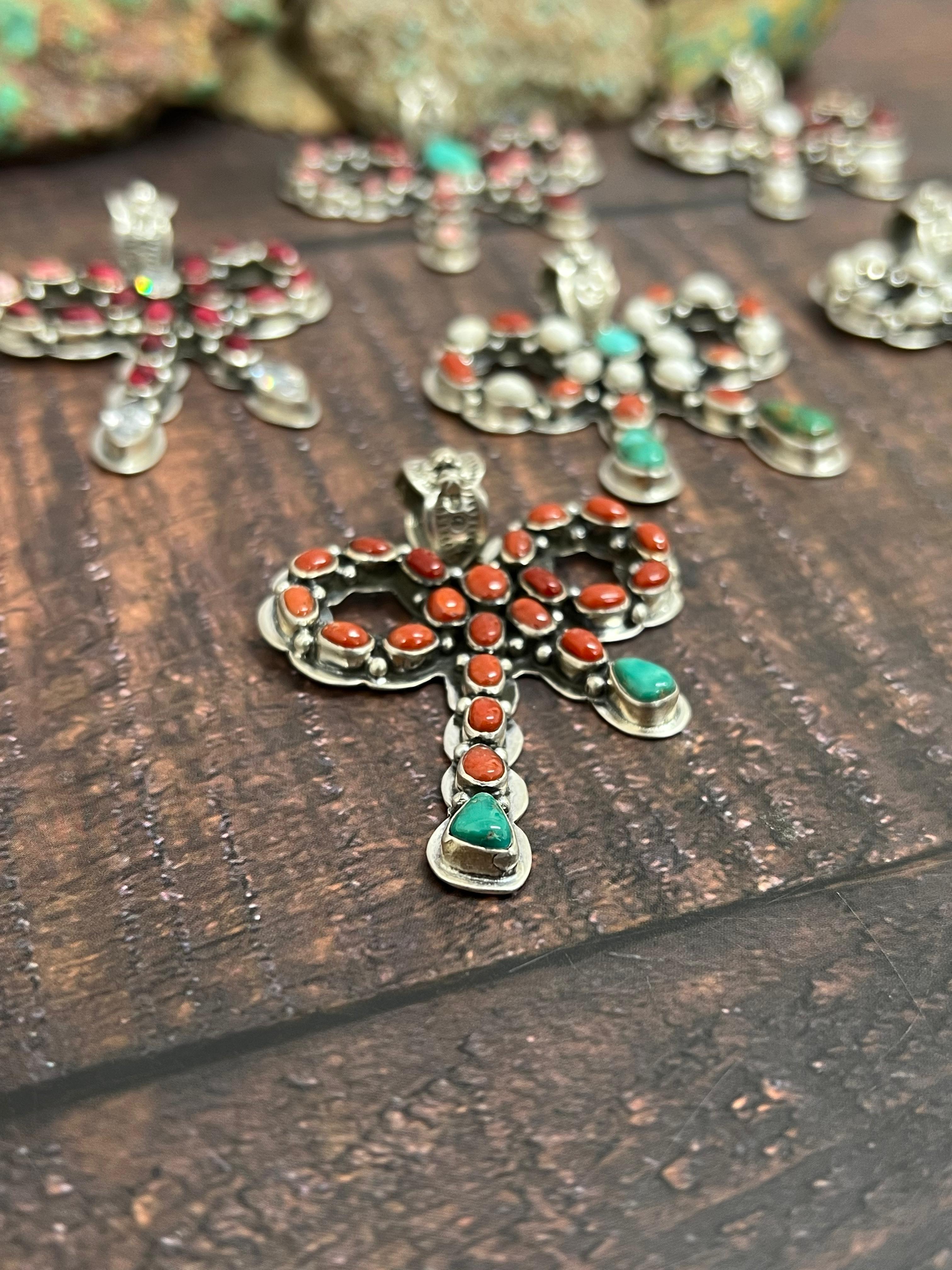 Handmade Sterling Silver Multi Stones Bow Pendant Signed Nizhoni