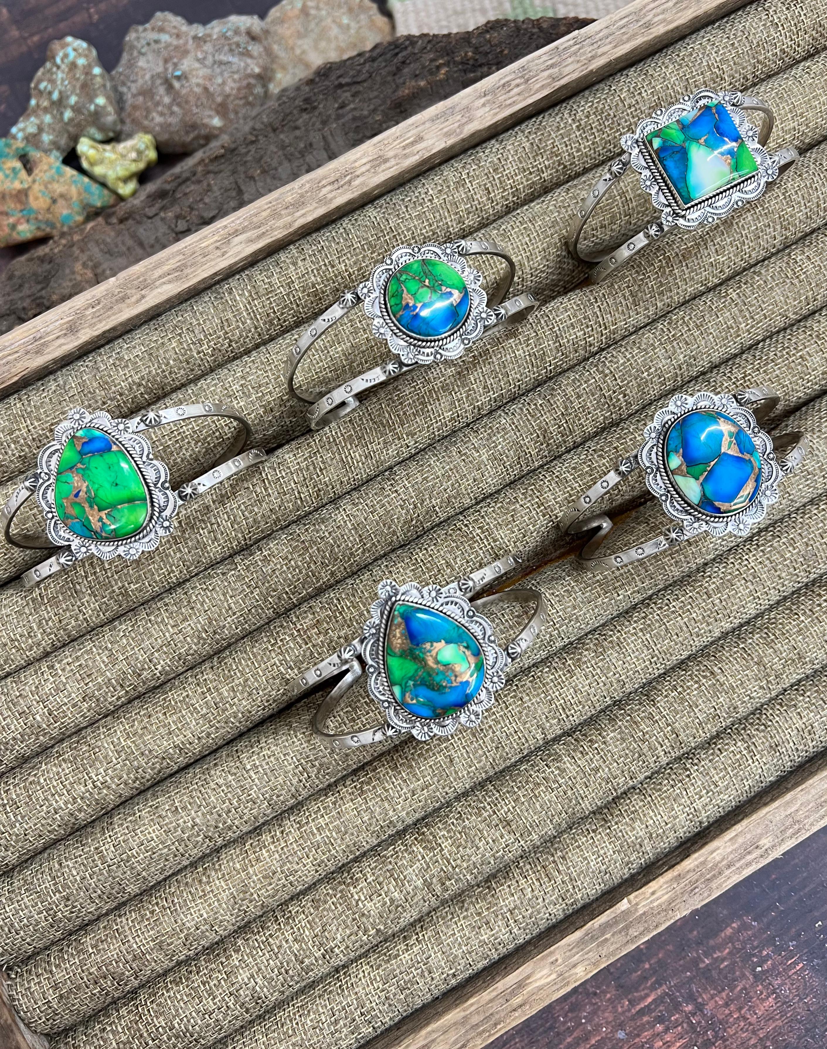 Handmade Sterling Silver Peacock Dahlia Cuff Bracelet with Signed Nizhoni