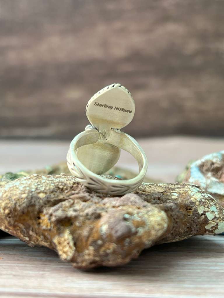 Handmade Sterling Silver Kingman Turquoise Adjustable Ring "Signed Nizhoni"