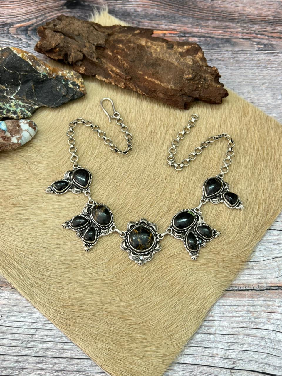 Handmade Sterling Silver Blackjack Turquoise Choker Necklace "Signed Nizhoni"