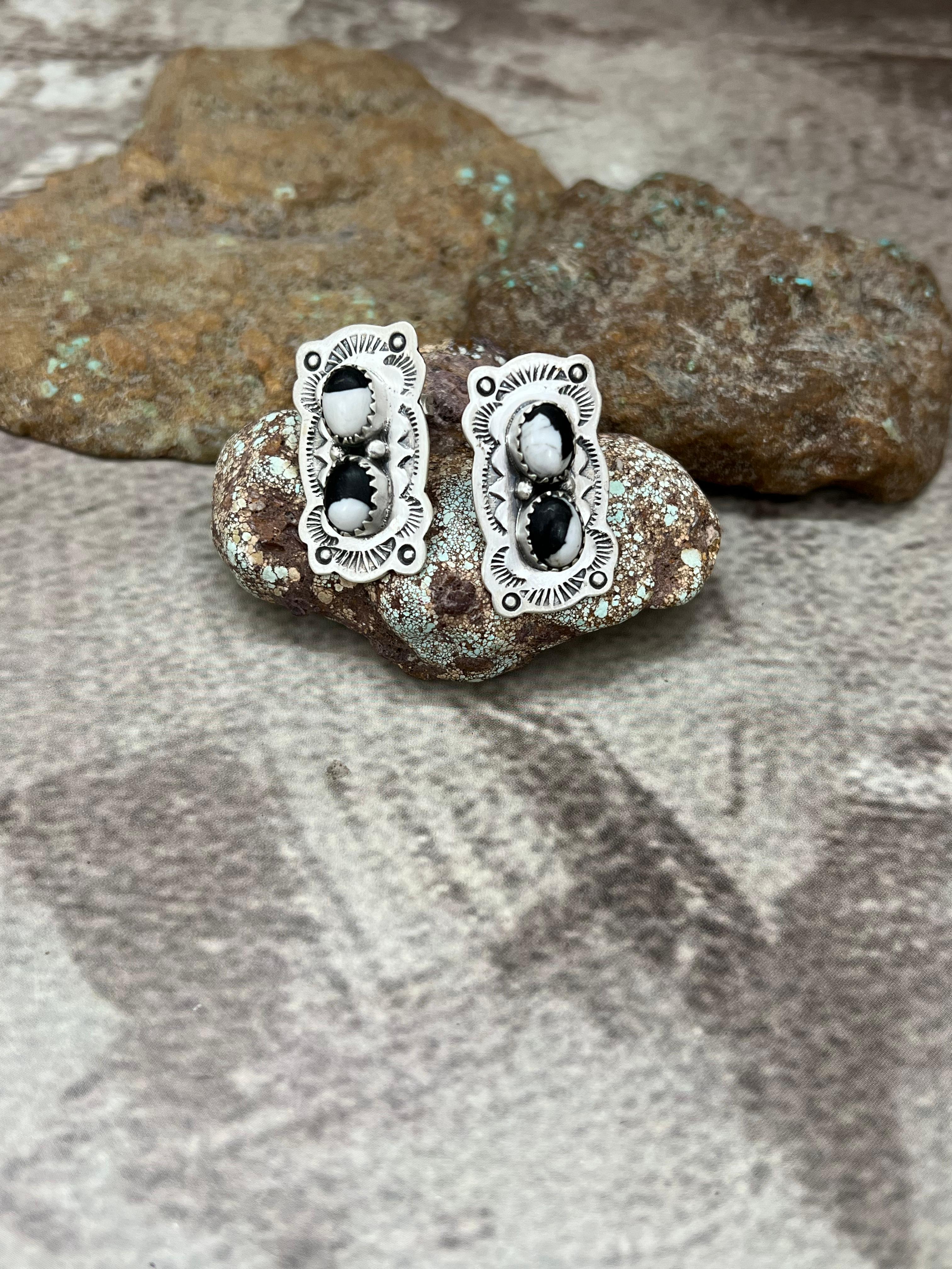 Handmade Sterling Silver White Buffalo Post Studs with Signed Nizhoni