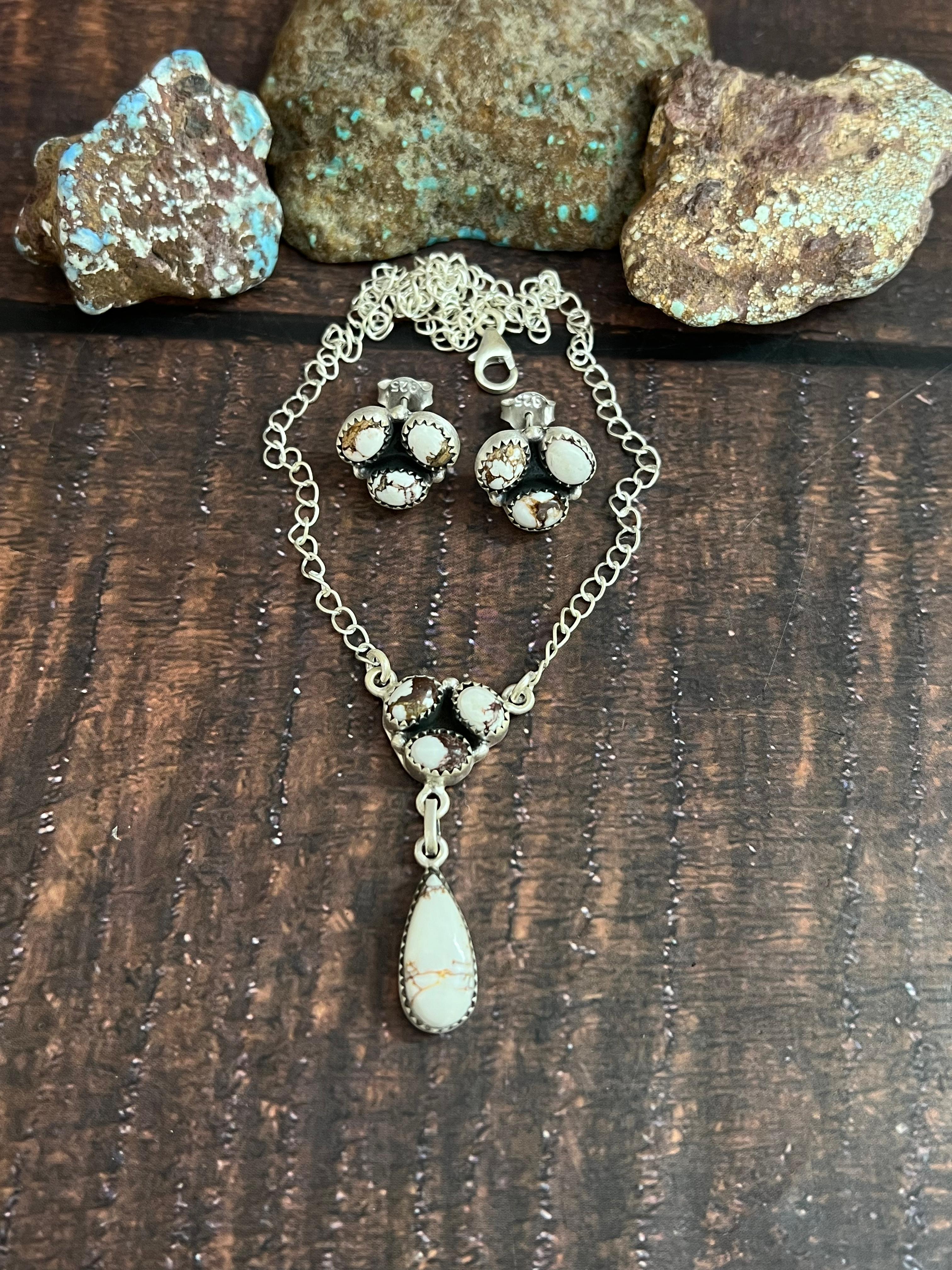 Handmade Sterling Silver Wild Horse Magnesite Necklace Earrings Set with Signed Nizhoni