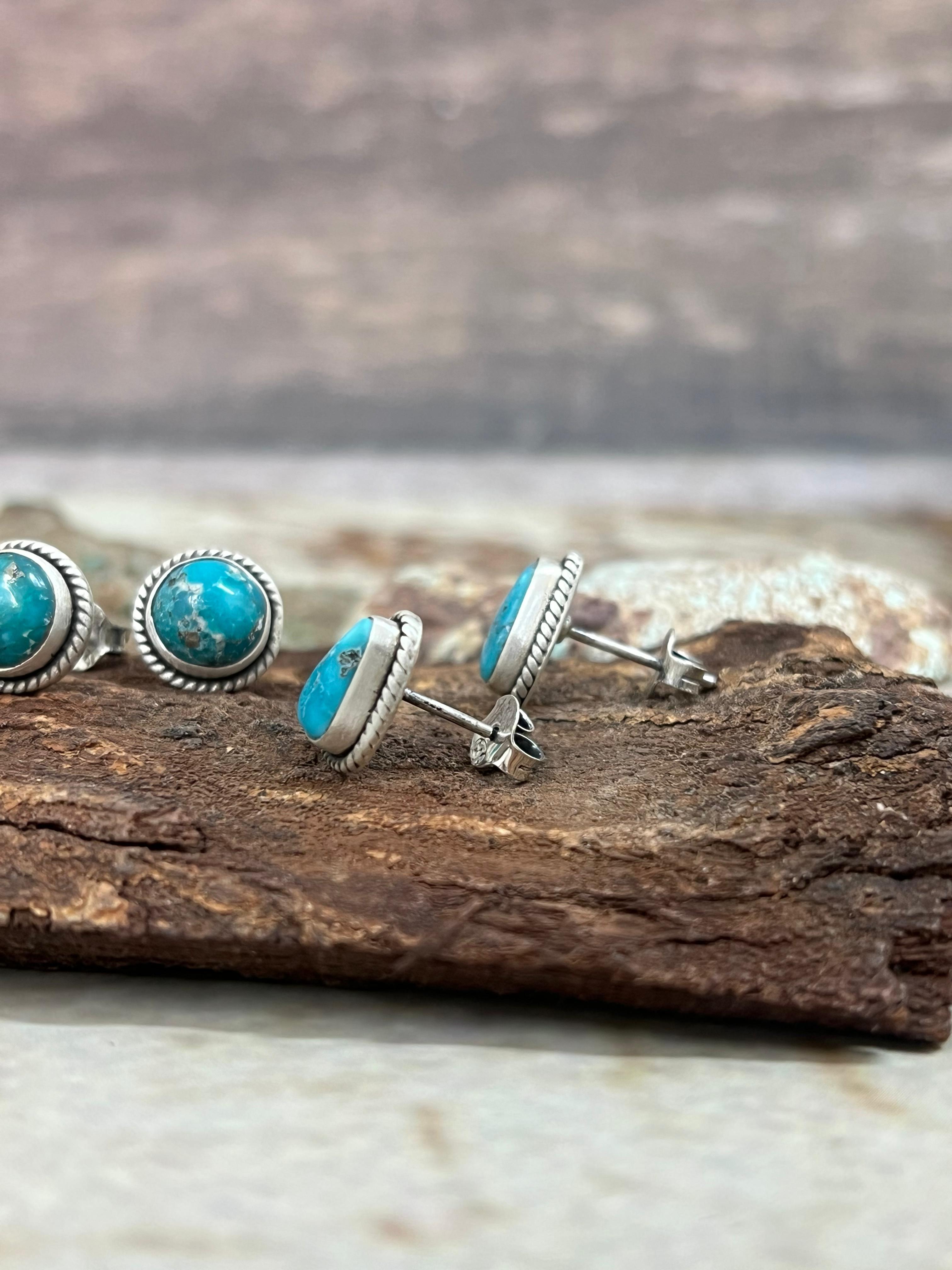 Handmade Sterling Silver White Water Turquoise Post Studs Signed Nizhoni