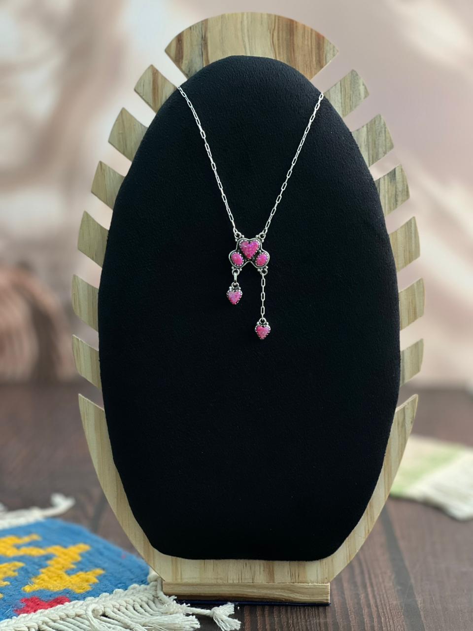 "Heart Collection" Handmade Sterling Silver Hot Pink Necklace "Signed Nizhoni"