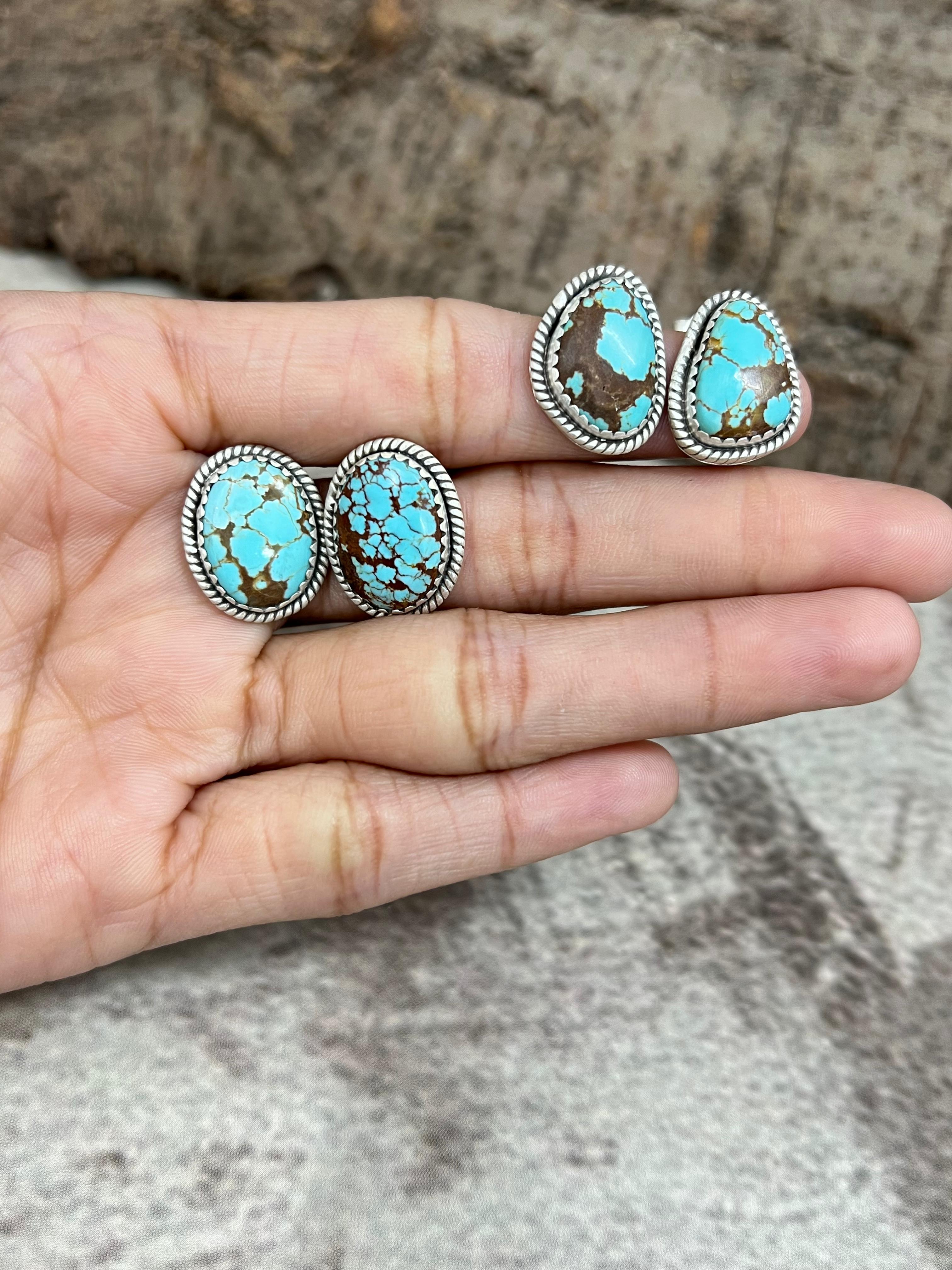 Handmade Sterling Silver Number 8 Turquoise Studs with Signed Nizhoni
