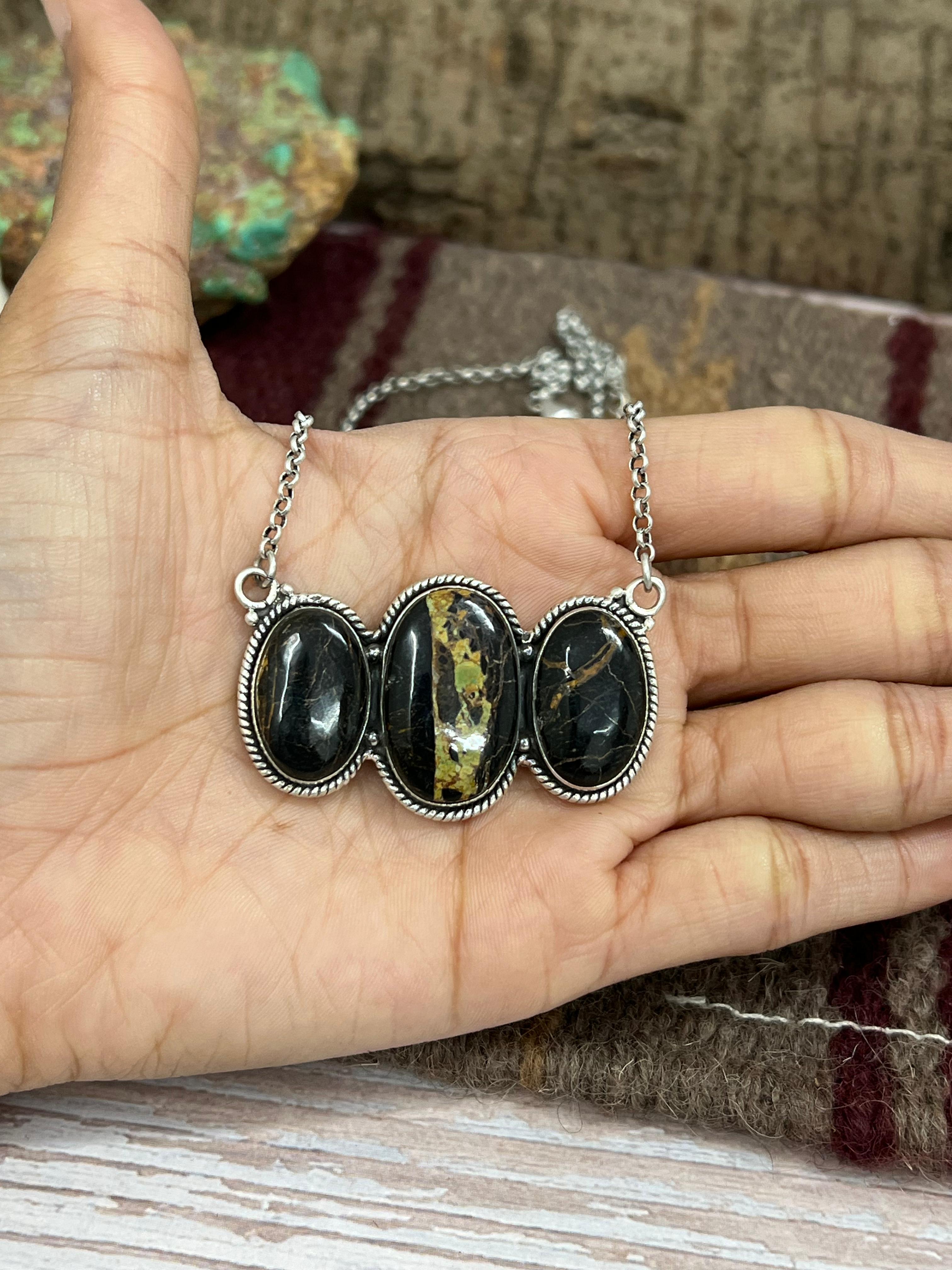 Handmade Sterling Silver Black Jack Necklace with Signed Nizhoni