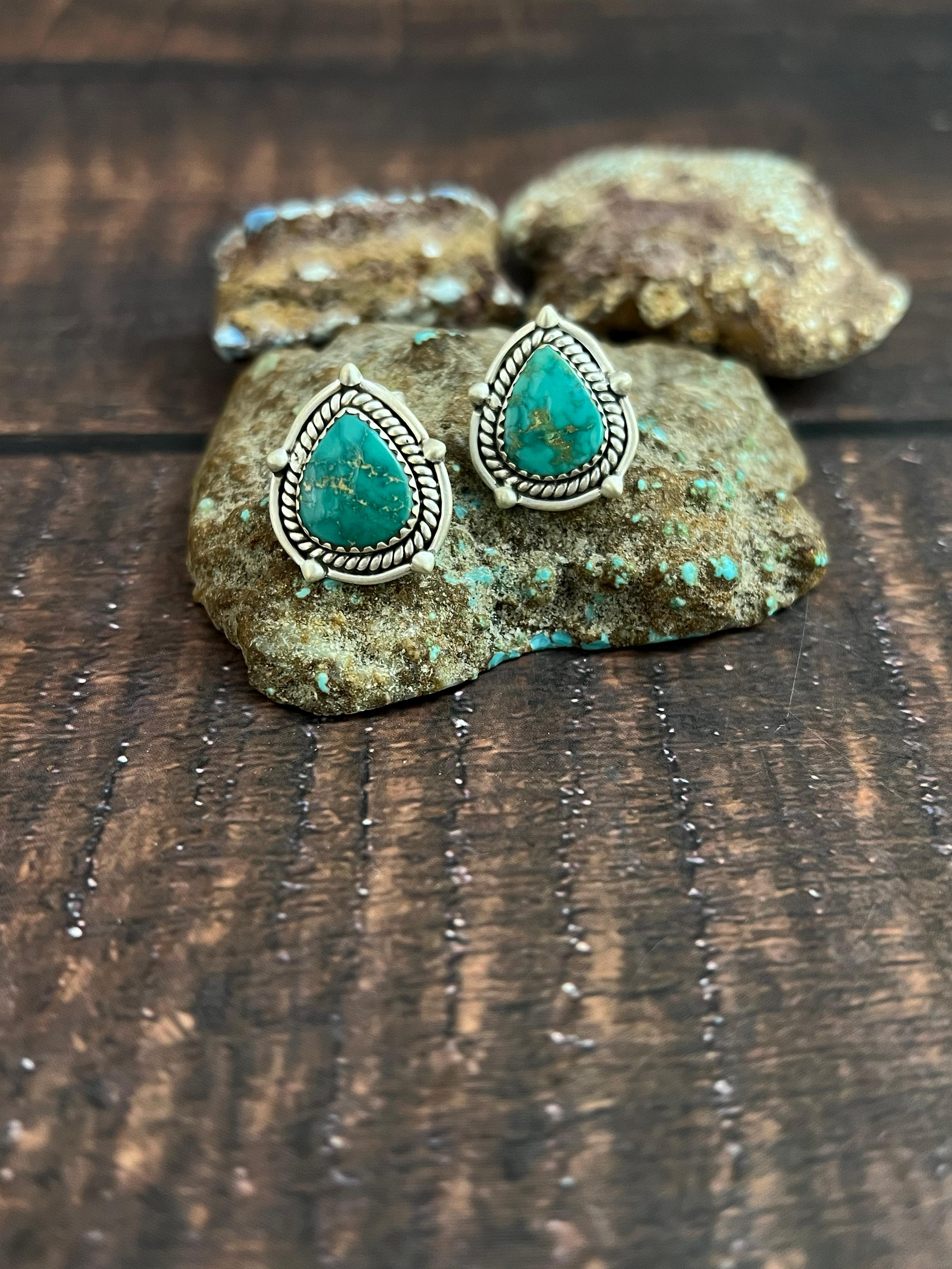 Handmade Sterling Silver Emerald Valley Post Studs with Signed Nizhoni