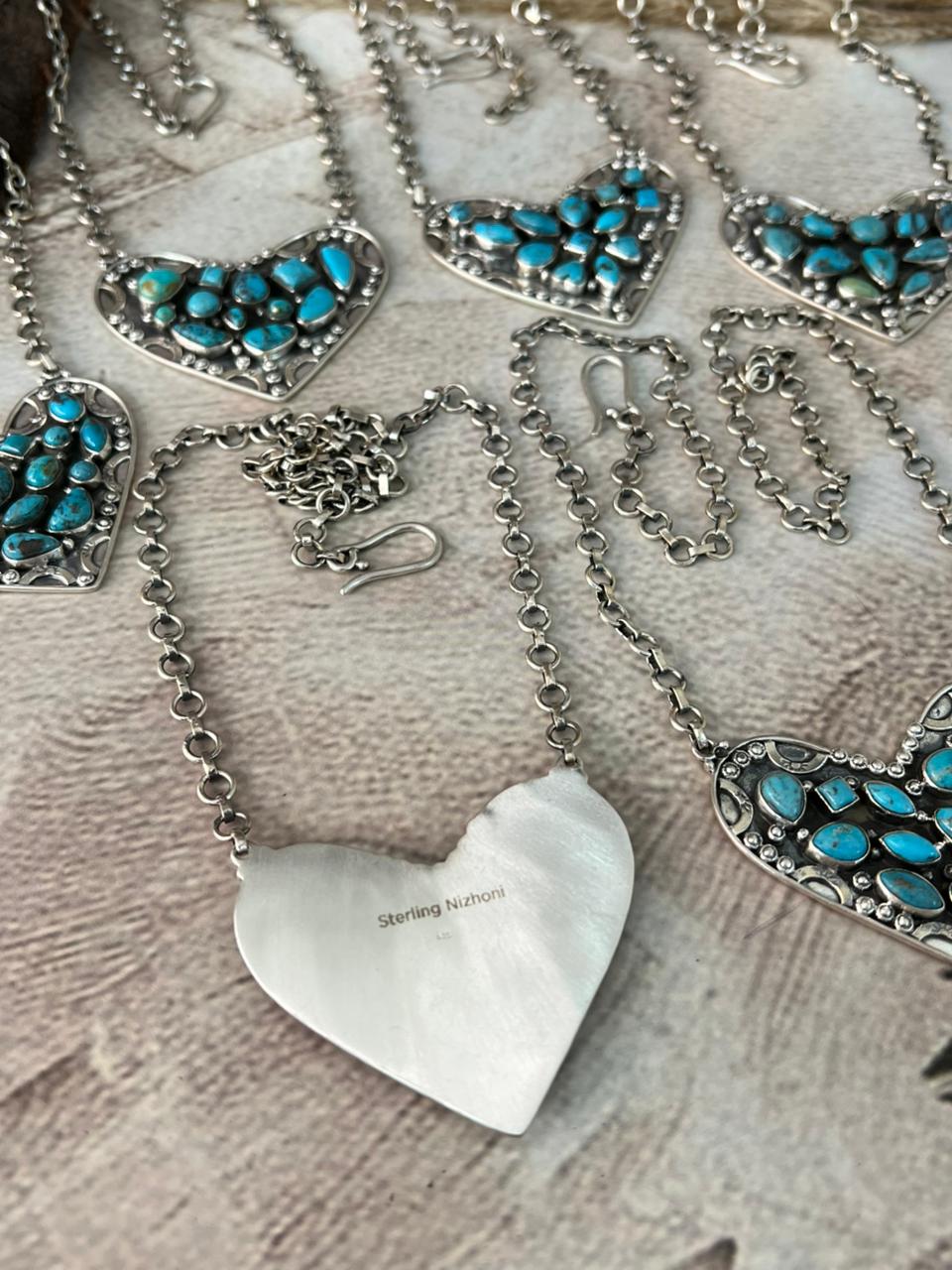 Handmade Sterling Silver Arizona Blue Turquoise Heart Necklace "Signed Nizhoni"
