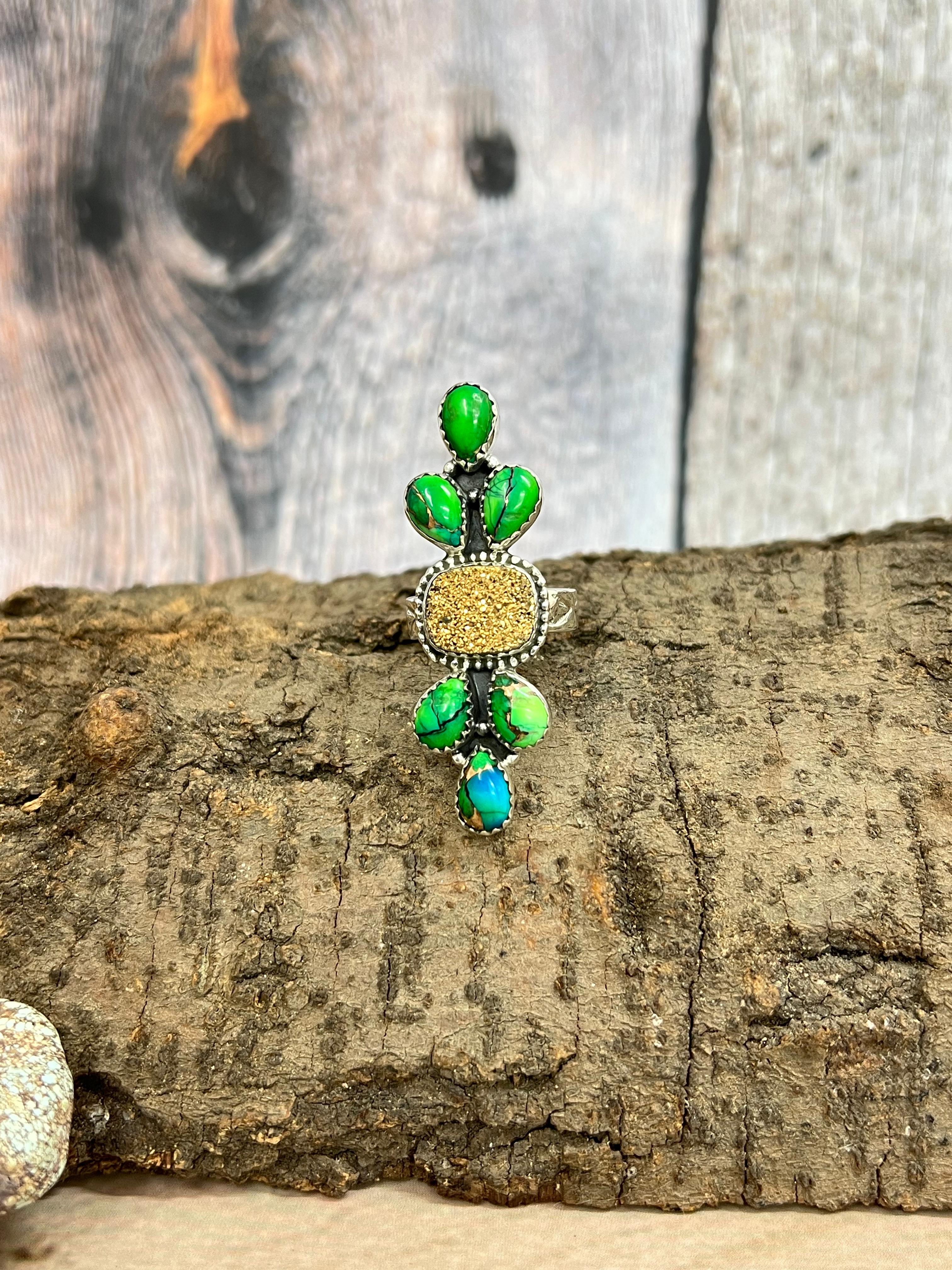 Handmade Sterling Silver Peacock Dahlia with Druzy Adjustable Ring with Signed Nizhoni