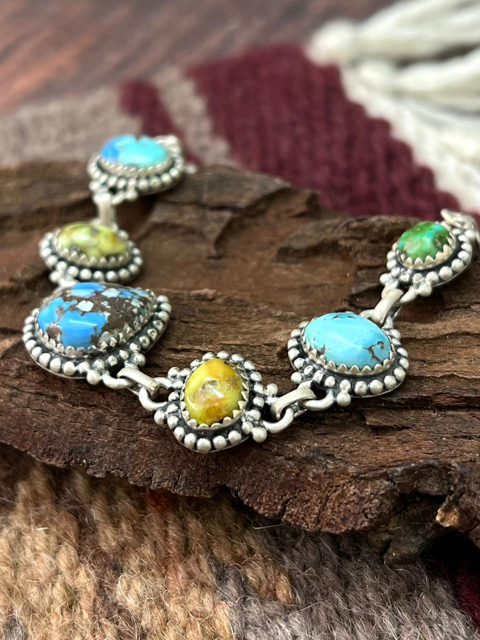 Handmade Sterling Silver Palomino with Golden Hills and Sonoran Turquoise Chain Bracelet "Signed Nizhoni"