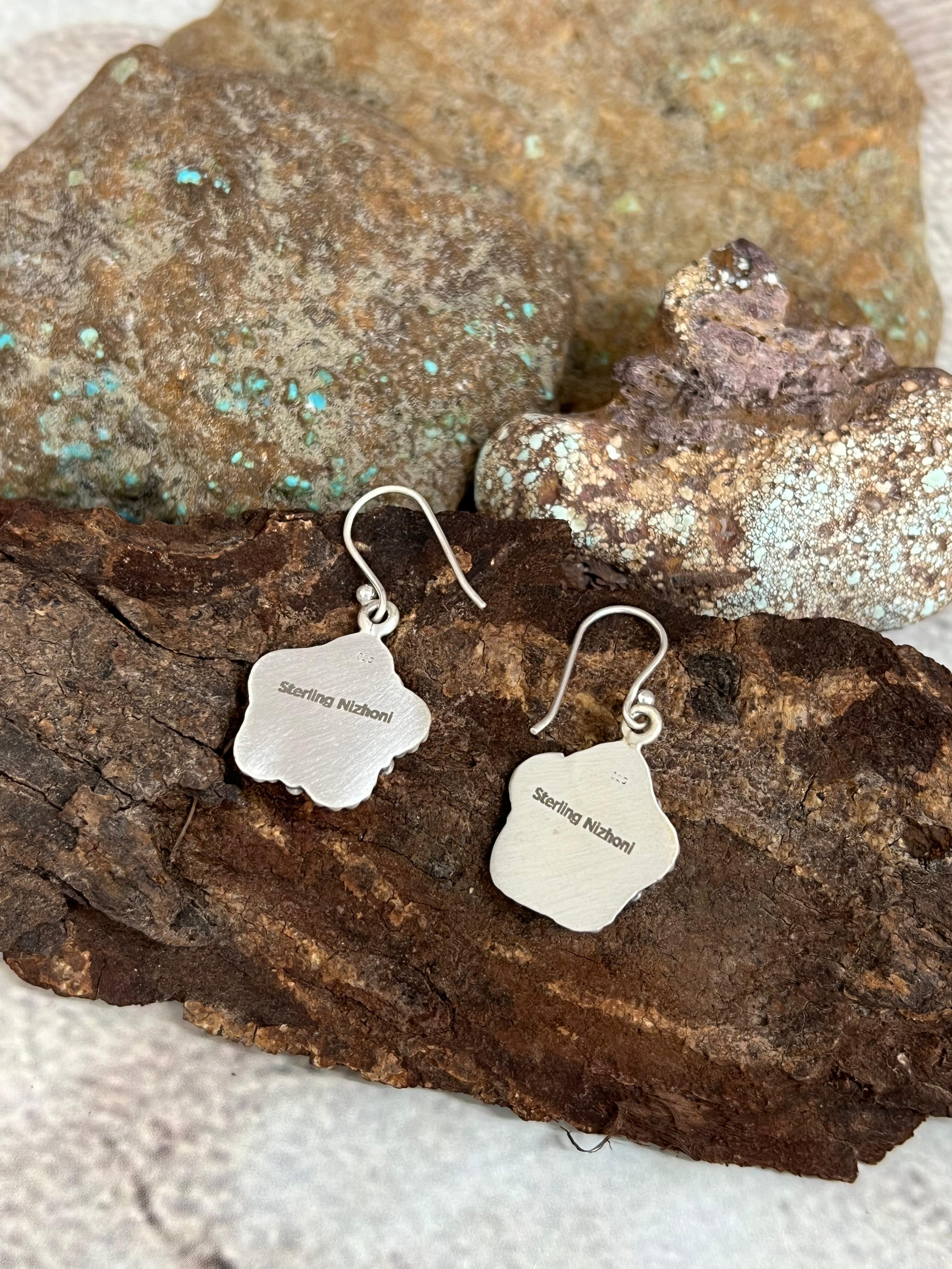 Handmade Sterling Silver Kingman Turquoise Hook Earrings with Signed Nizhoni