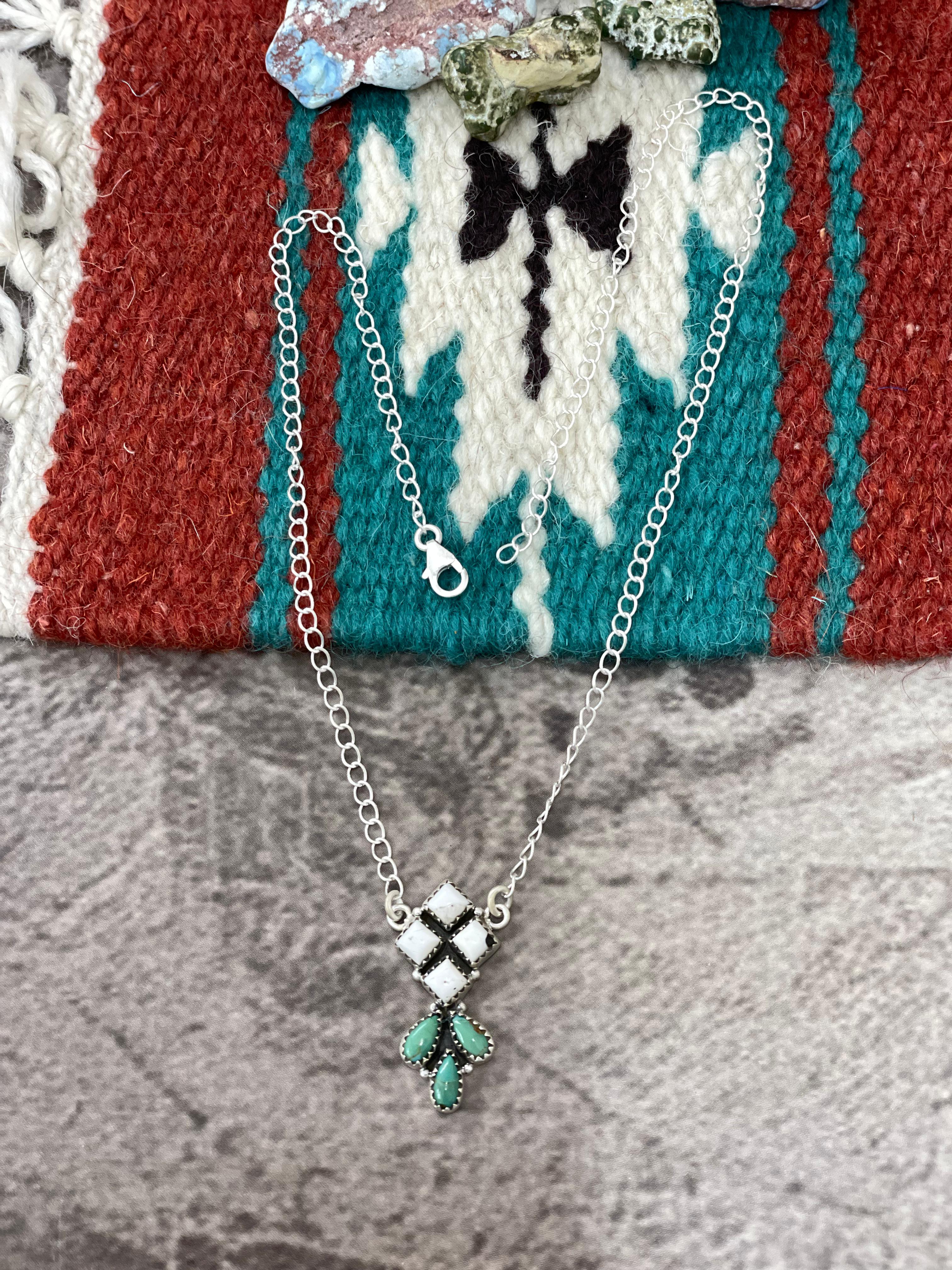 Handmade Sterling Silver Kingman Turquoise with White Buffalo Necklace Signed Nizhoni