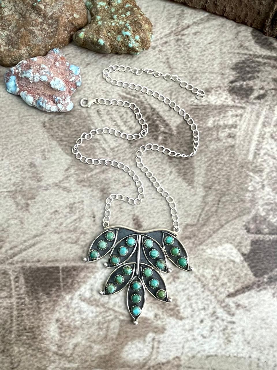 Handmade Sterling Silver Kingman Turquoise Necklace with Signed Nizhoni