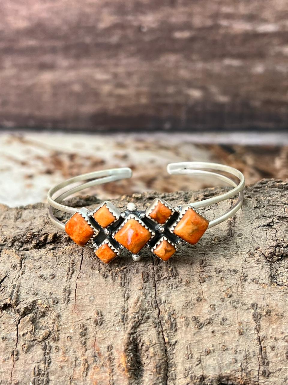 Handmade Sterling Silver Orange Mojave Cuff Bracelet "Signed Nizhoni"