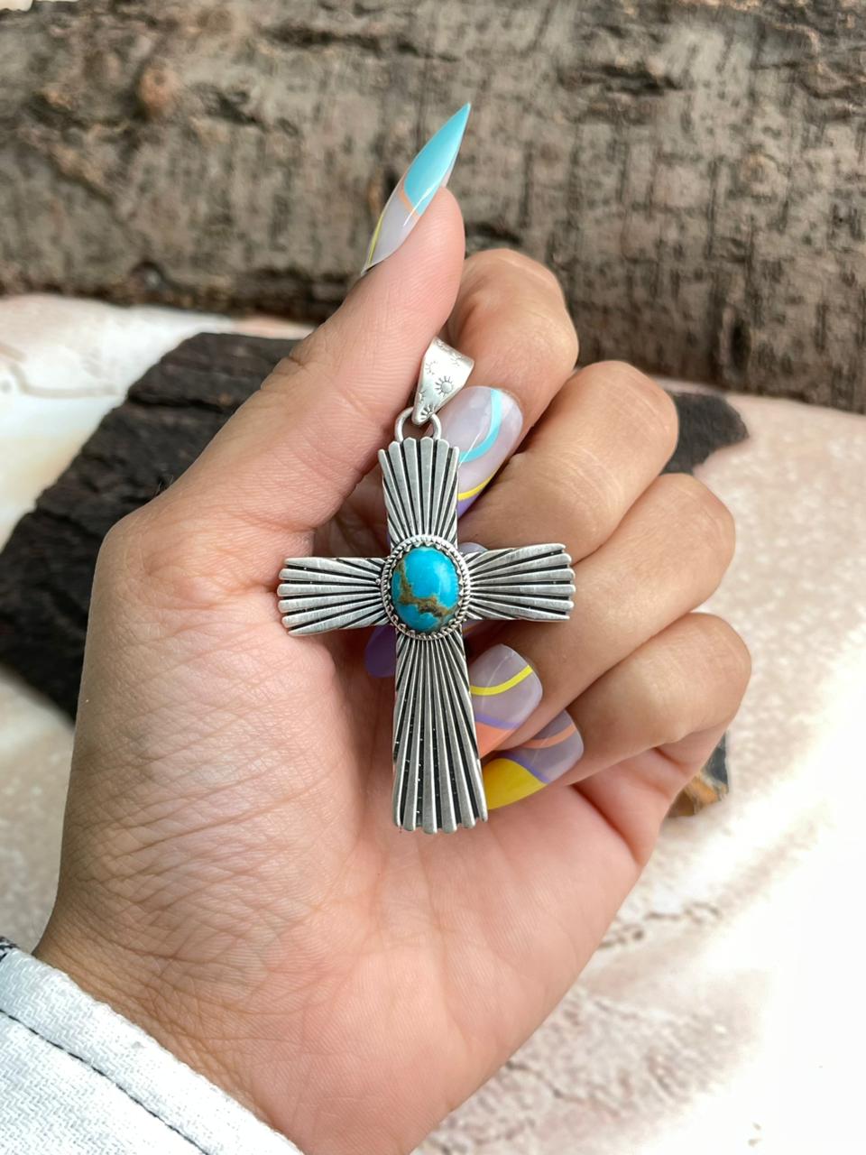 Handmade Sterling Silver Kingman Turquoise Cross Shape Pendant "Signed Nizhoni" (2)