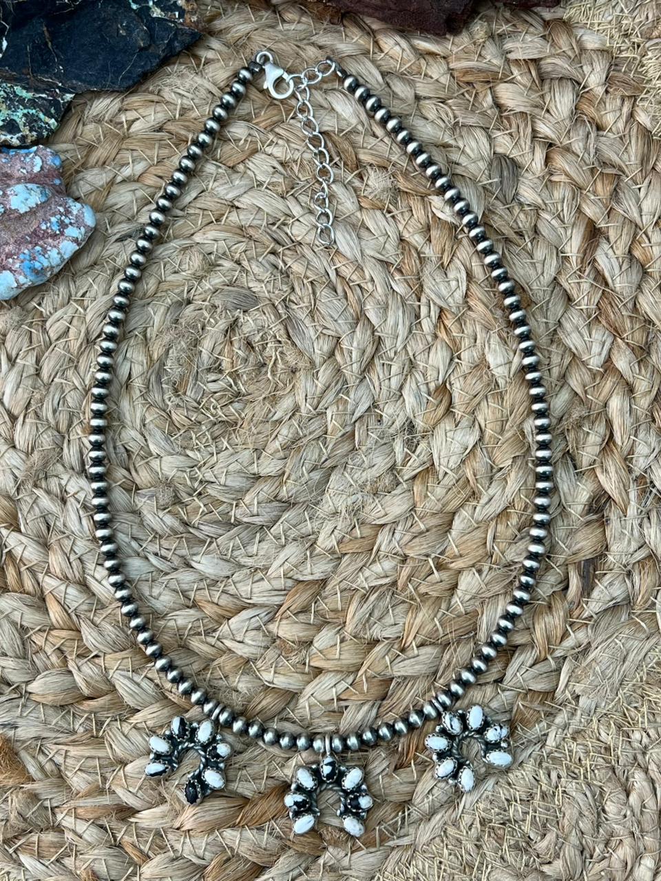 Handmade Sterling Silver White Buffalo Beaded Necklace "Signed Nizhoni"