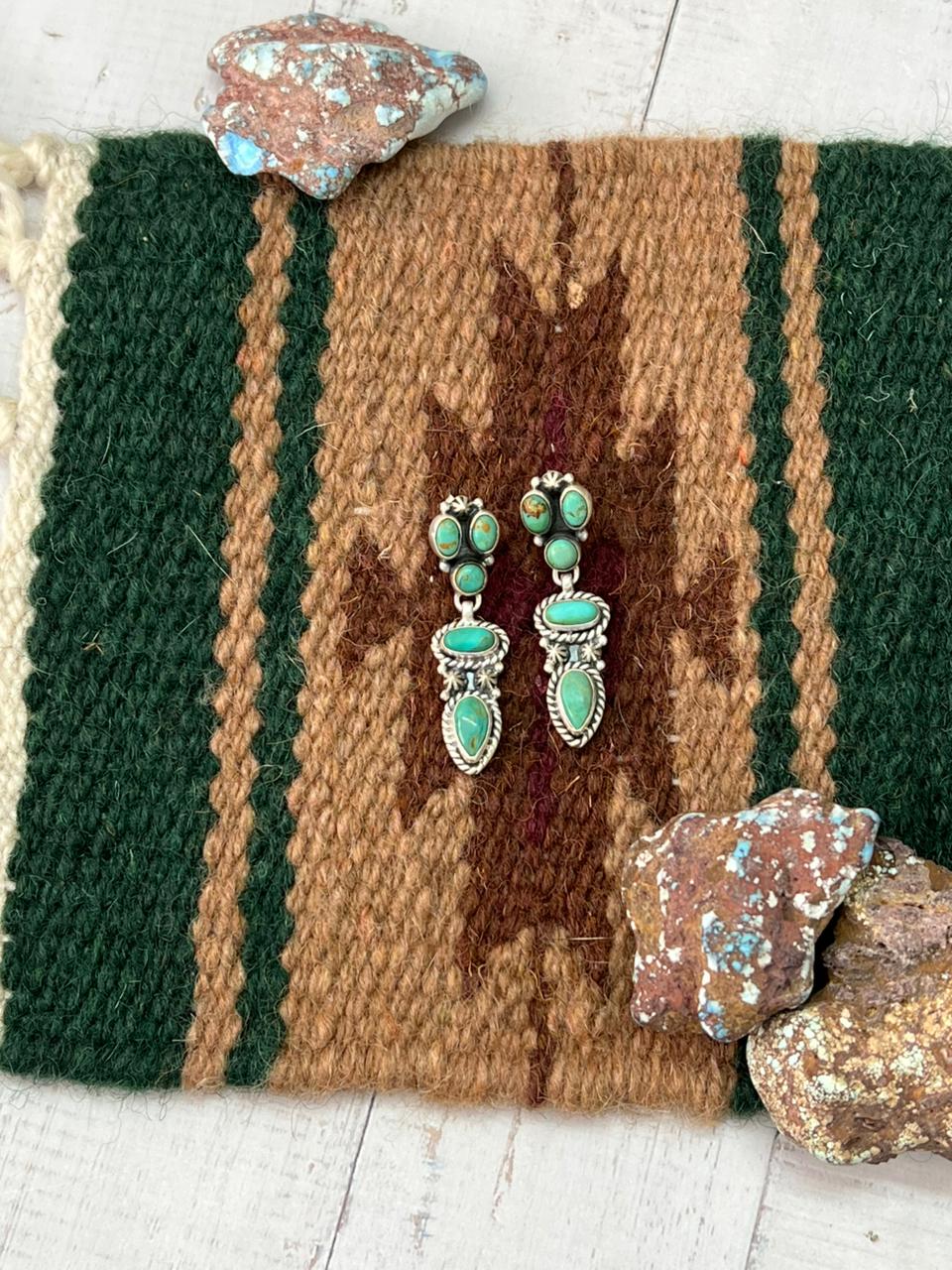Handmade Sterling Silver Kingman Turquoise Post Dangle Earrings with Signed Nizhoni