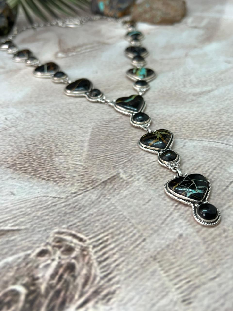 Handmade Sterling Silver Blackjack Turquoise Heart Necklace "Signed Nizhoni"