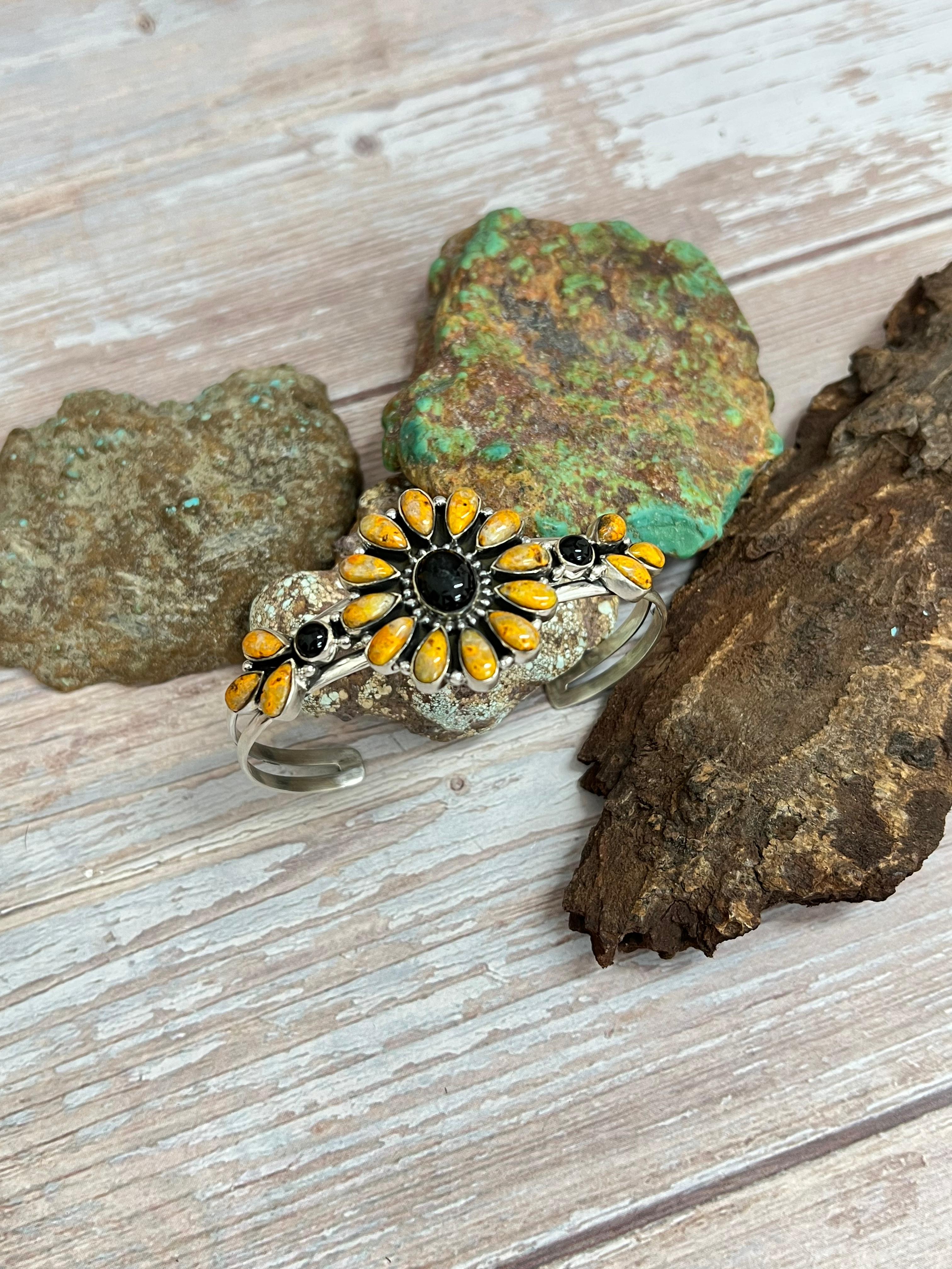 "Halloween Collection" Handmade Sterling Silver Black Onyx, Bumblebee Cuff Bracelet with Signed Nizhoni