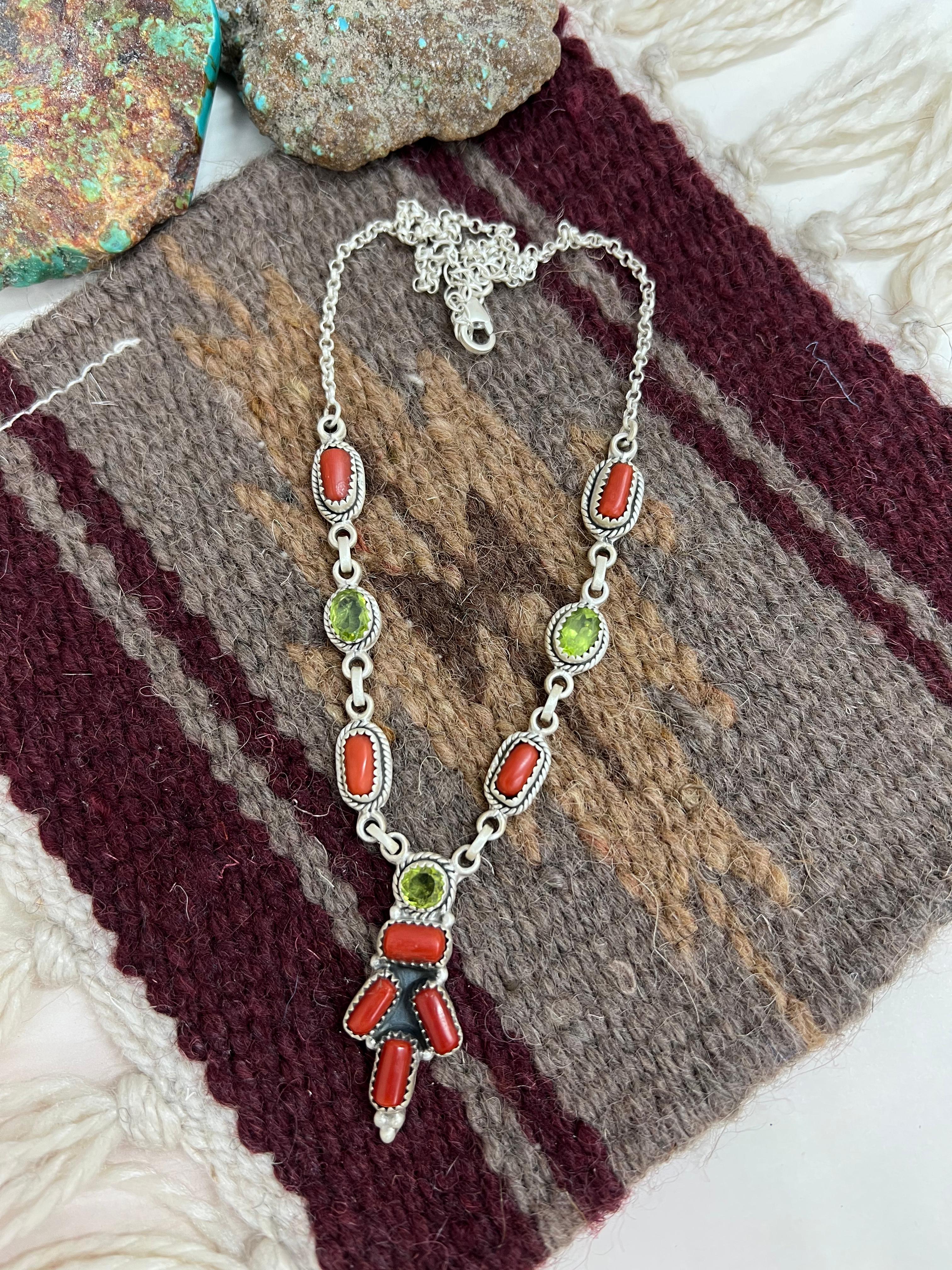 Christmas Collection Handmade Sterling Silver Coral with Peridot Necklace with Signed Nizhoni
