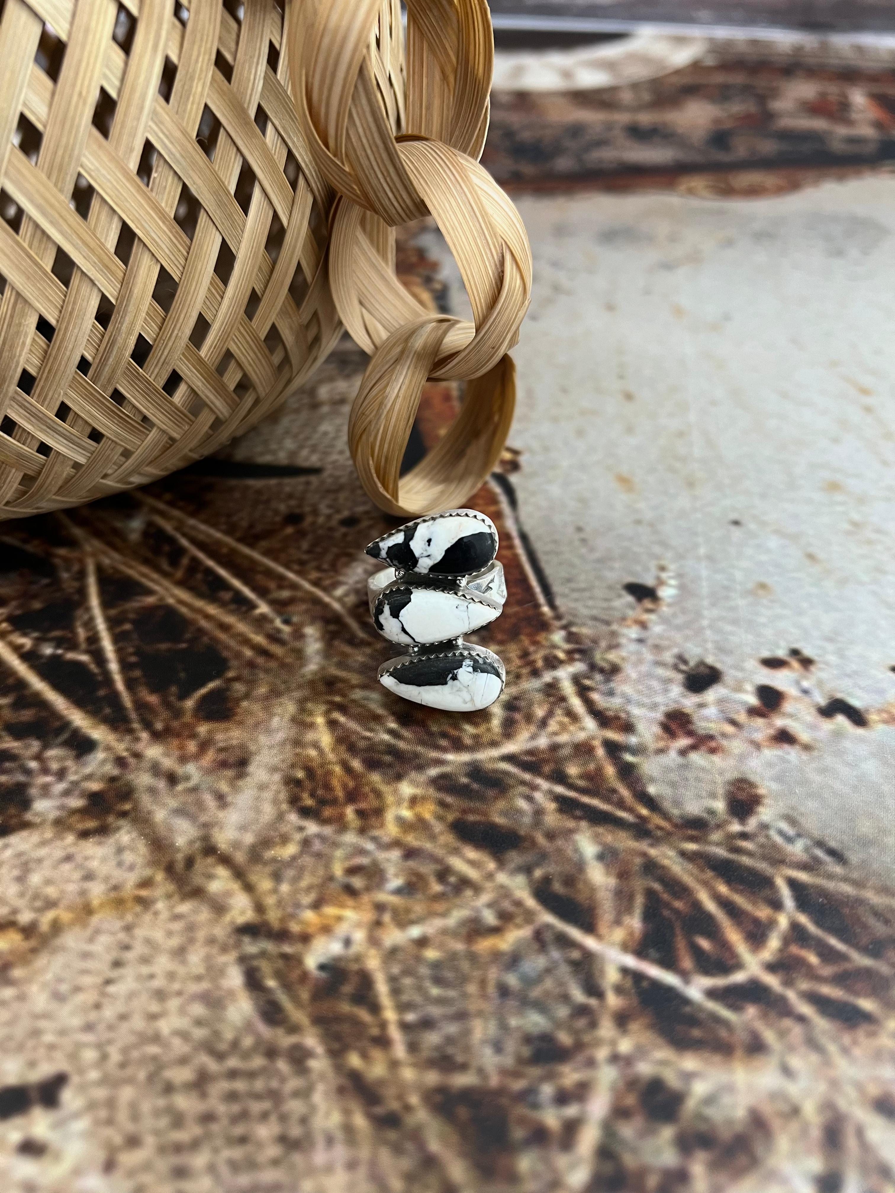 Handmade Sterling Silver White Buffalo Adjustable Ring, Signed Nizhoni