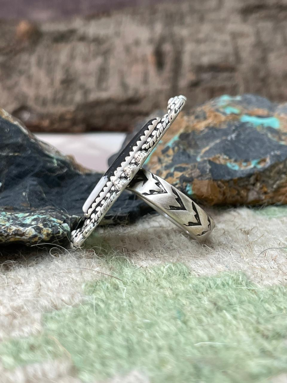 Handmade Sterling Silver White Buffalo Adjustable Ring "Signed Nizhoni"