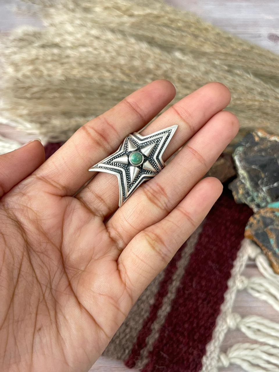 Handmade Sterling Silver Arizona Turquoise Star Shape Adjustable Ring "Signed Nizhoni"