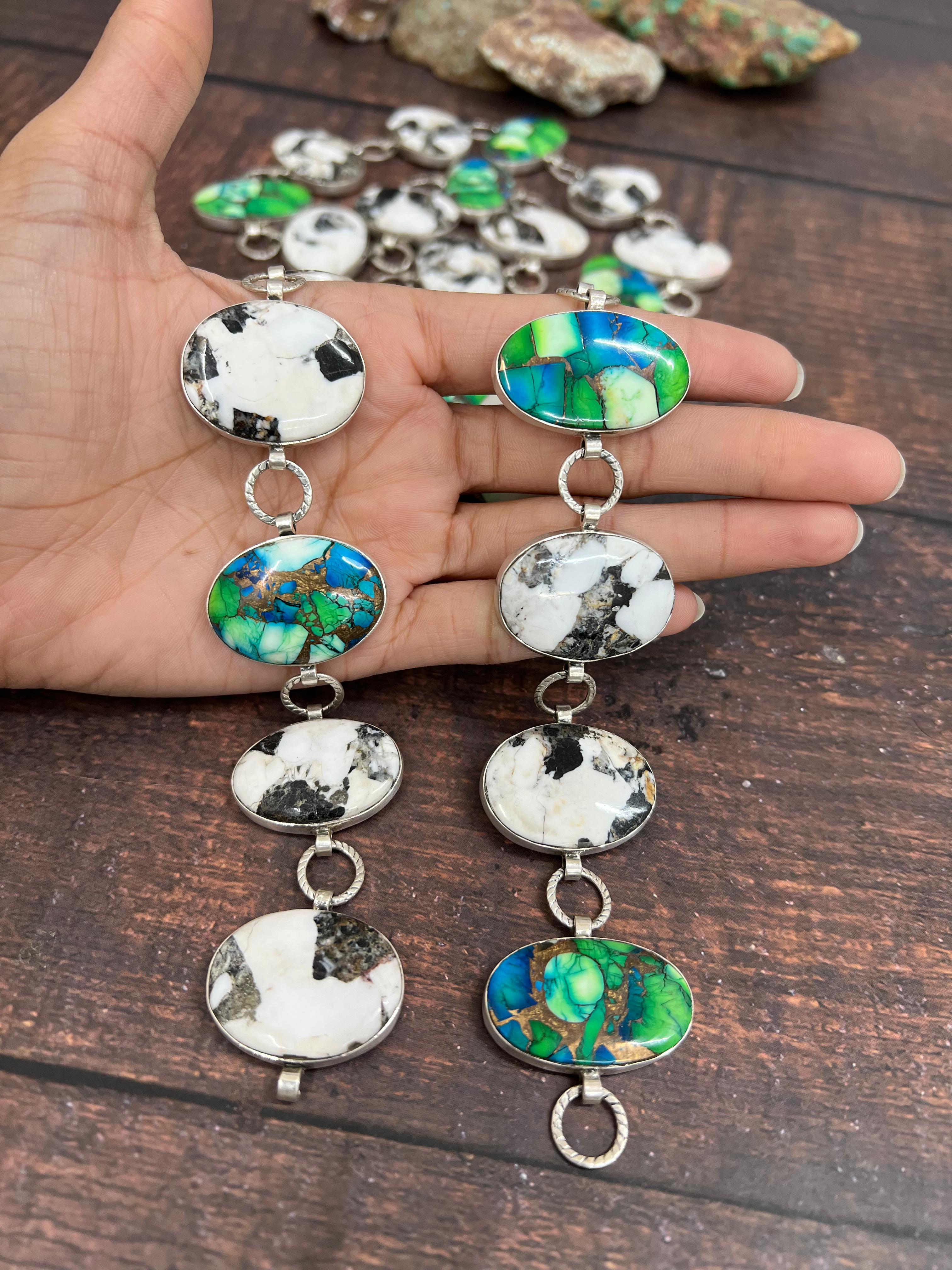 Handmade Sterling Silver White Buffalo with Peacock Dahlia Belt with Signed Nizhoni