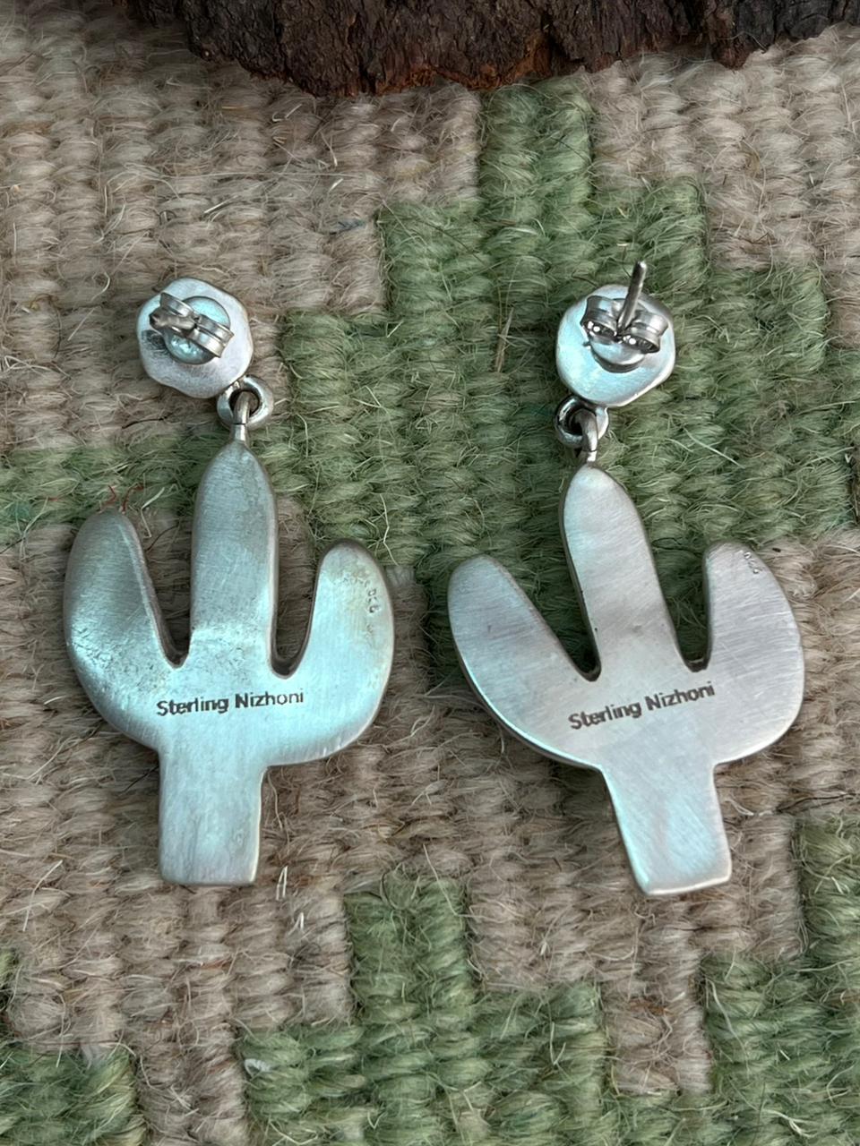 Handmade Sterling Silver Kingman Turquoise Post Dangle Cactus Earrings "Signed Nizhoni"