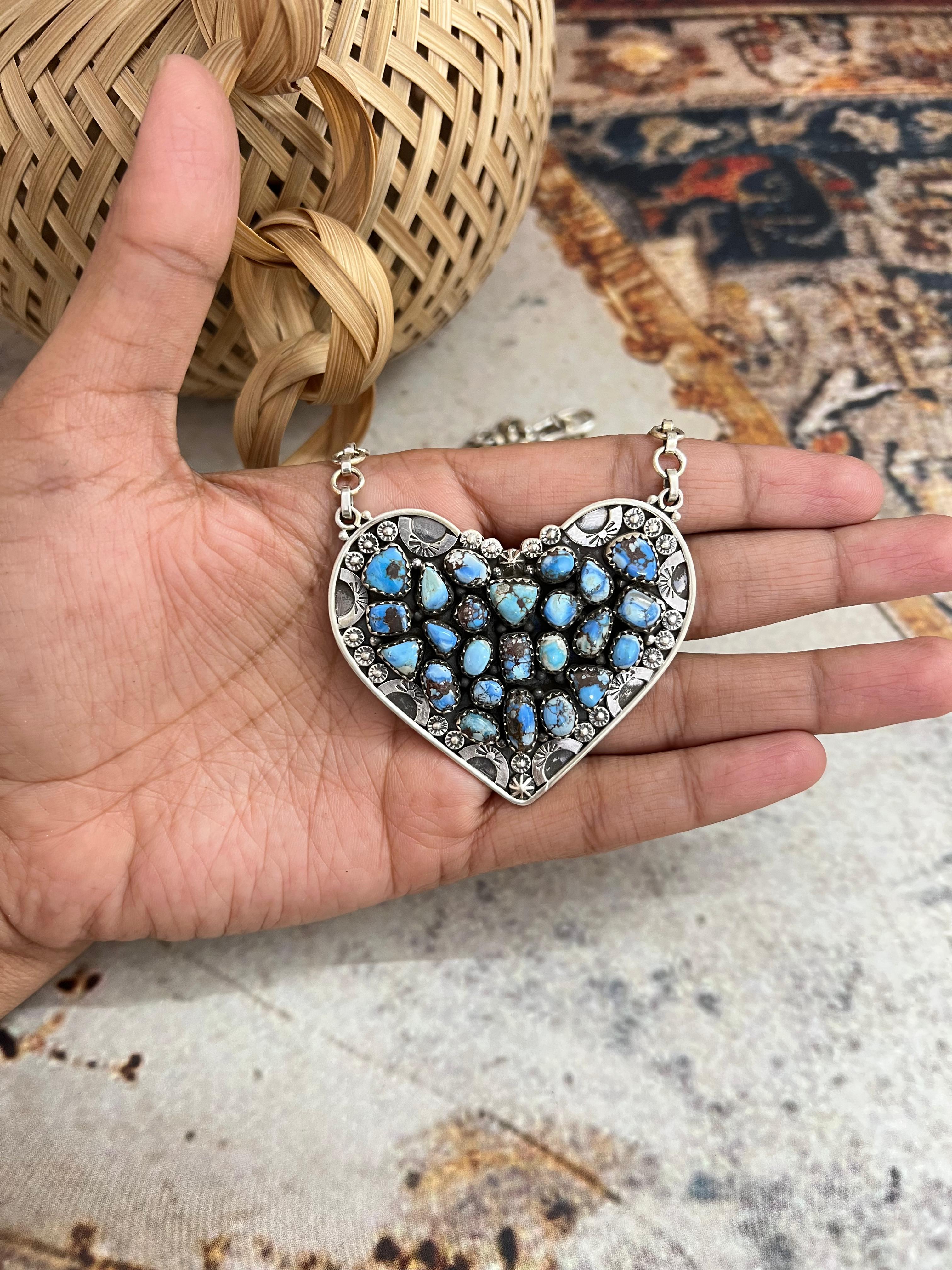 Handmade Sterling Silver Golden Hills Turquoise Heart Necklace with Signed Nizhoni