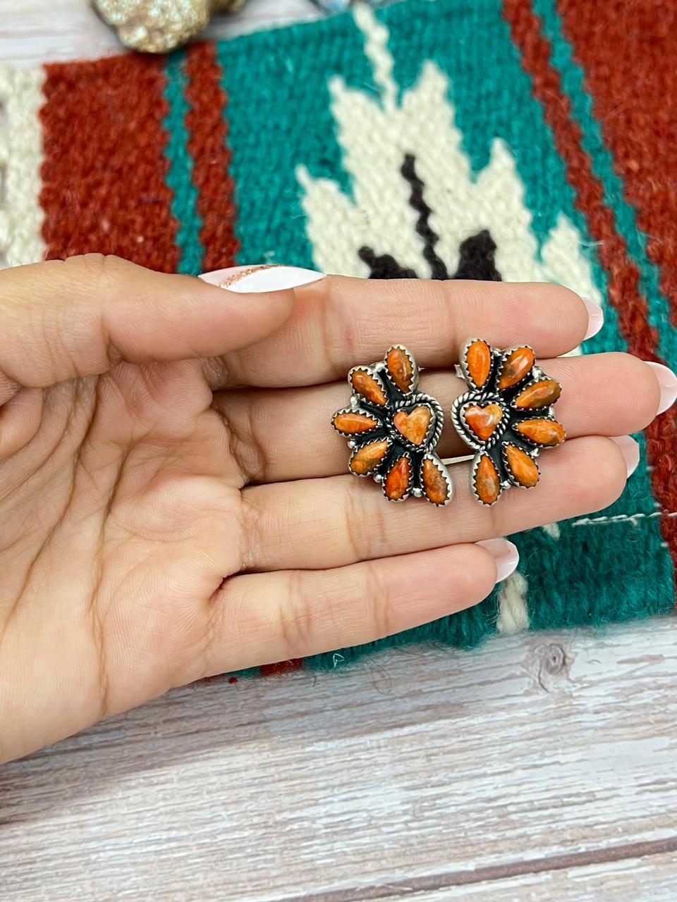 Handmade Sterling Silver Orange Mohave Post Studs Earrings "Signed Nizhoni"