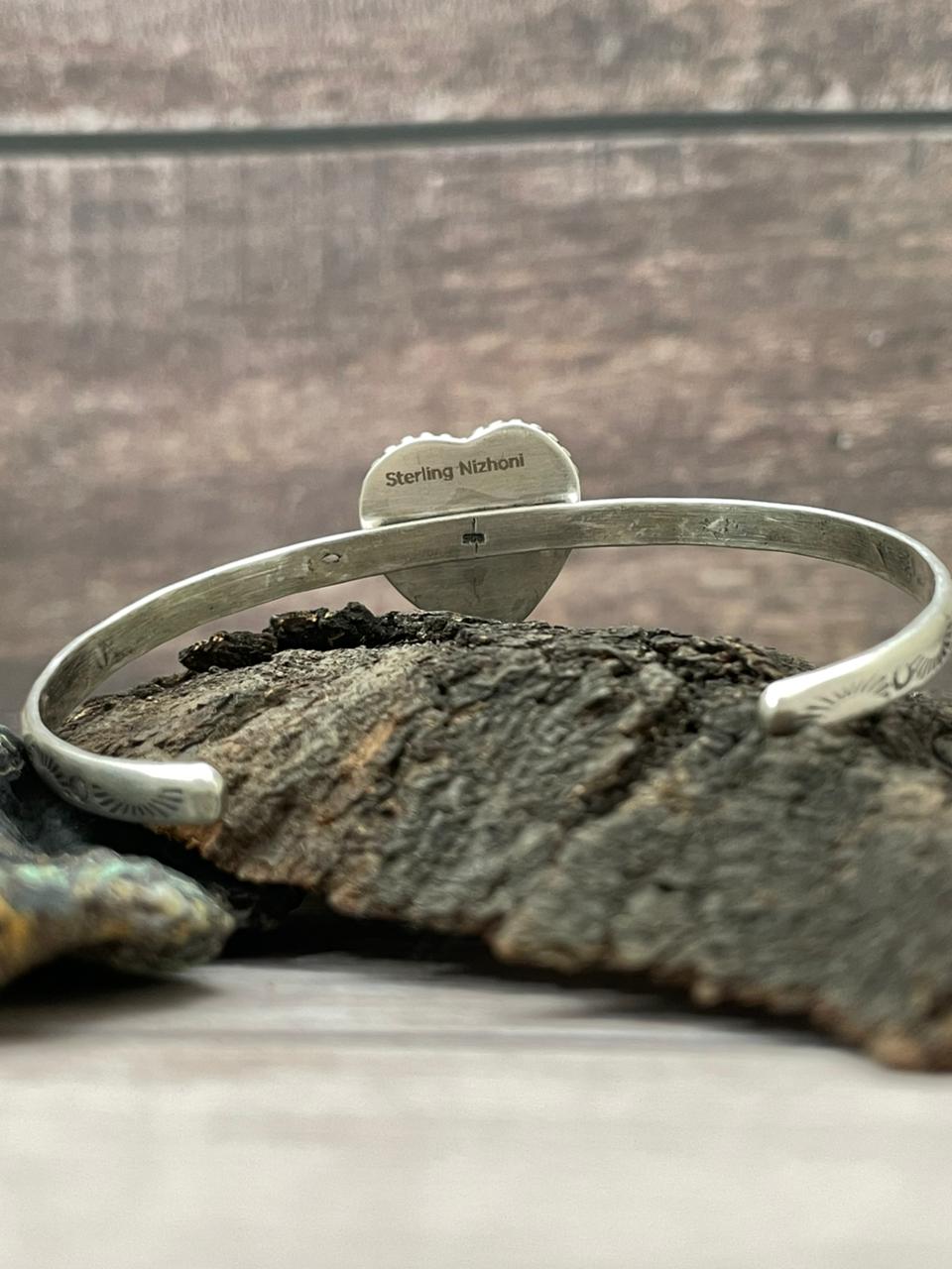 Handmade Sterling Silver White Buffalo Heart Cuff Bracelet "Signed Nizhoni"