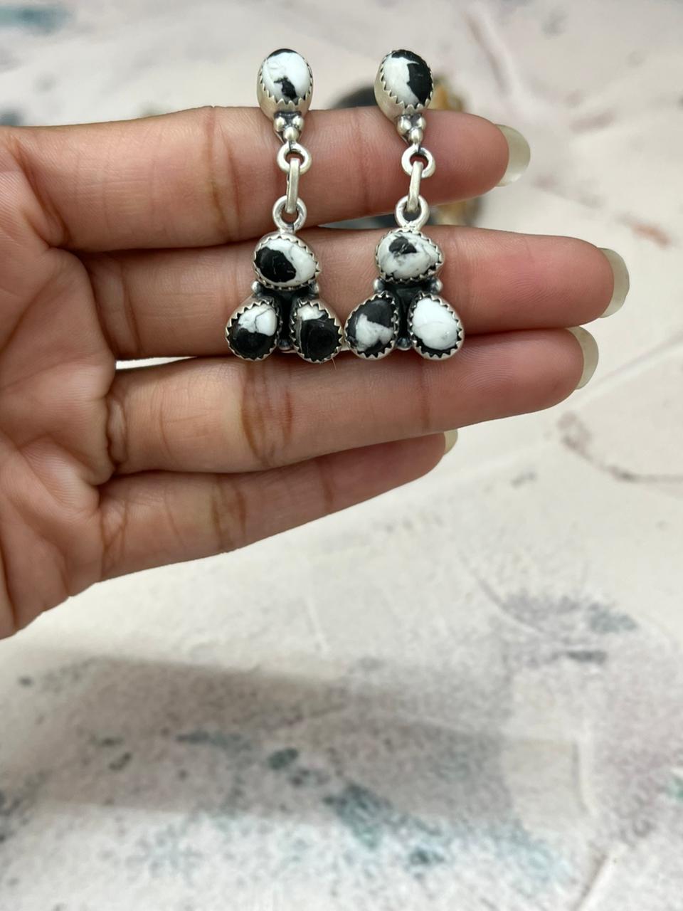 Handmade Sterling Silver White Buffalo Post Dangle Earrings "Signed Nizhoni"