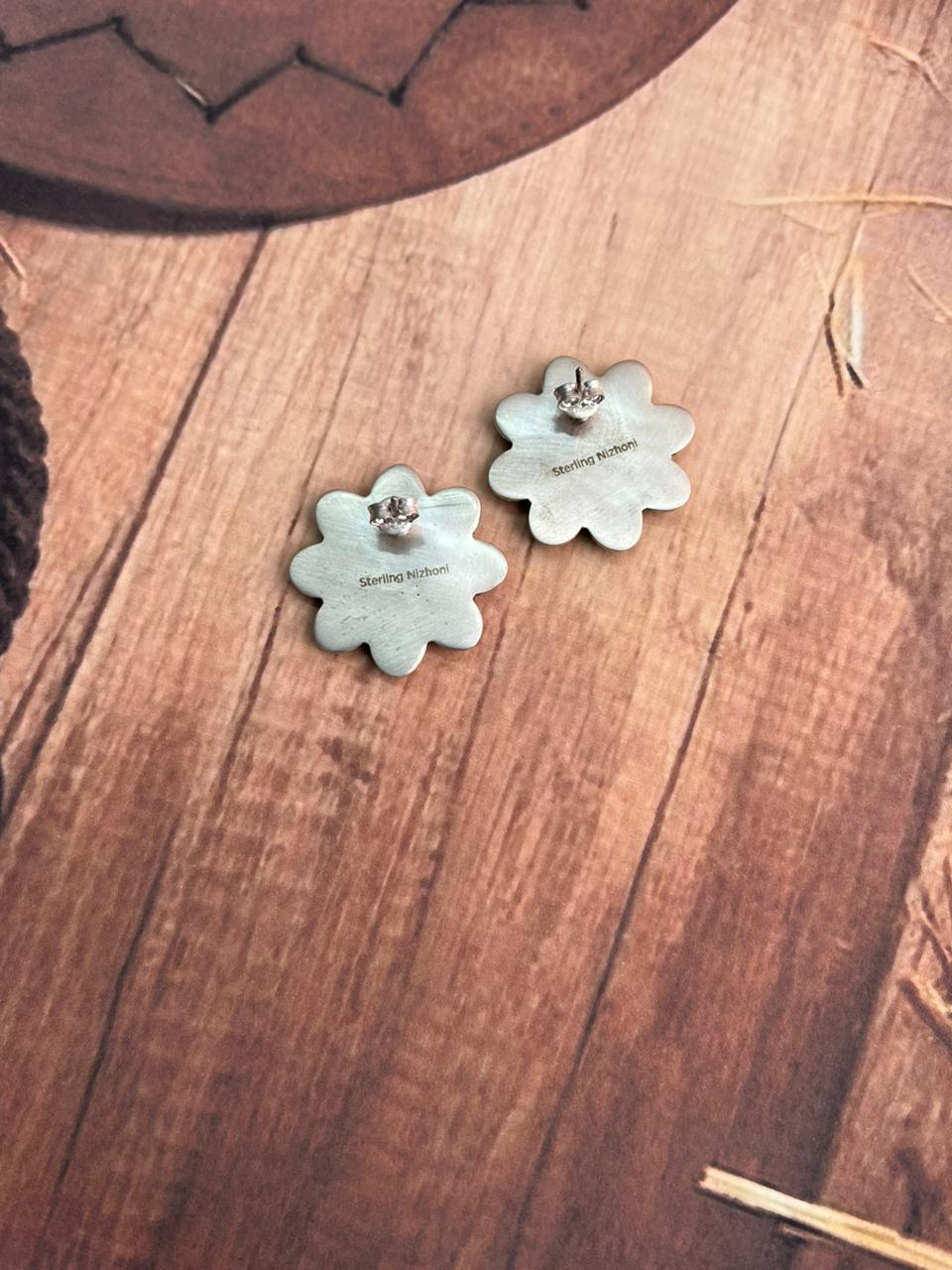 Handmade Sterling Silver White Buffalo Post Studs Earrings "Signed Nizhoni"