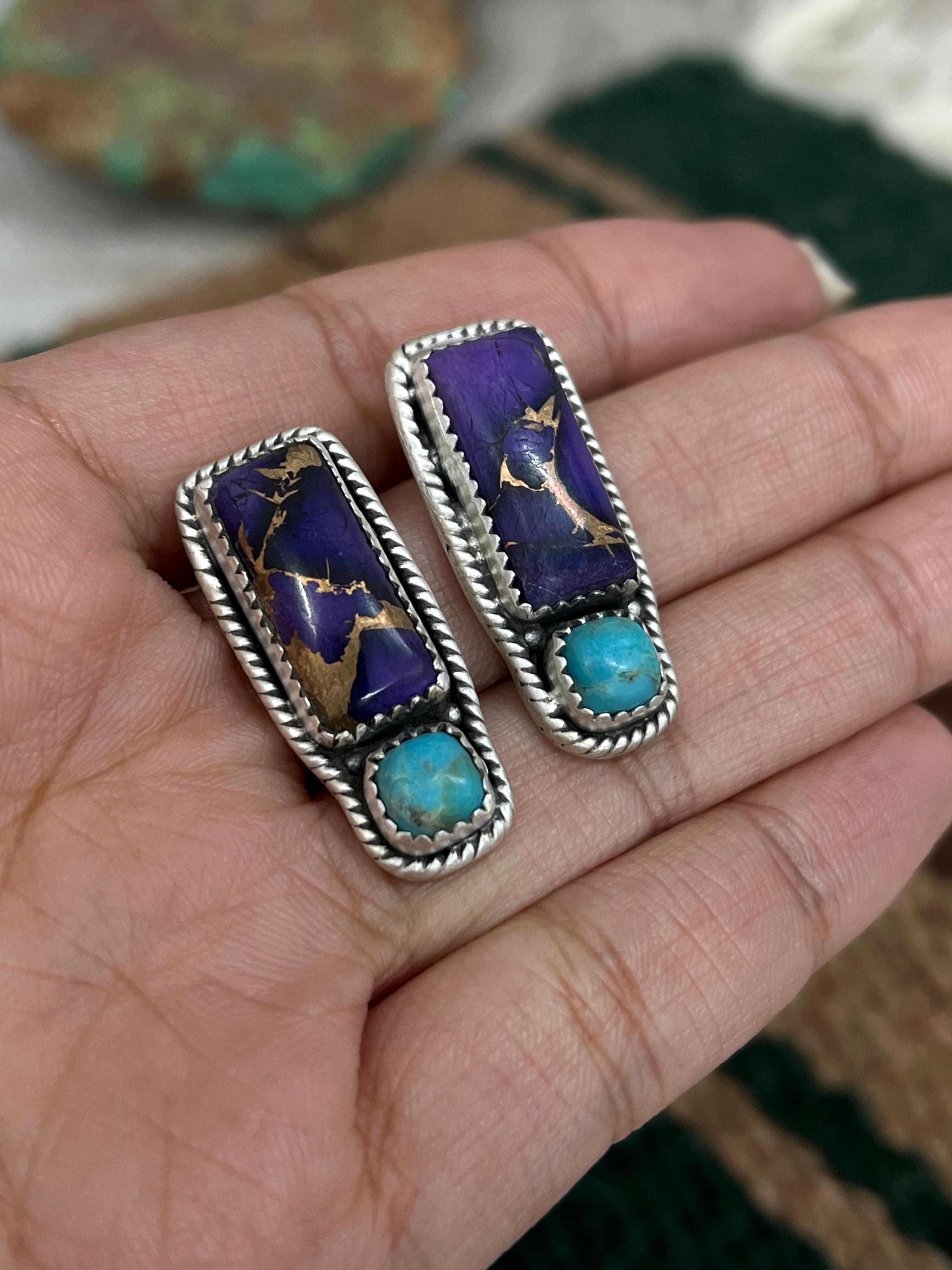 Handmade Sterling Silver Grape Dahlia with Kingman Post Studs with Signed Nizhoni