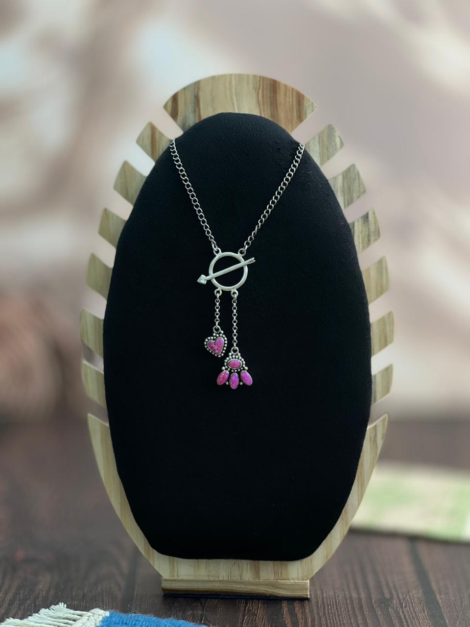 "Heart Collection" Handmade Sterling Silver Hot Pink Lariat Necklace "Signed Nizhoni"