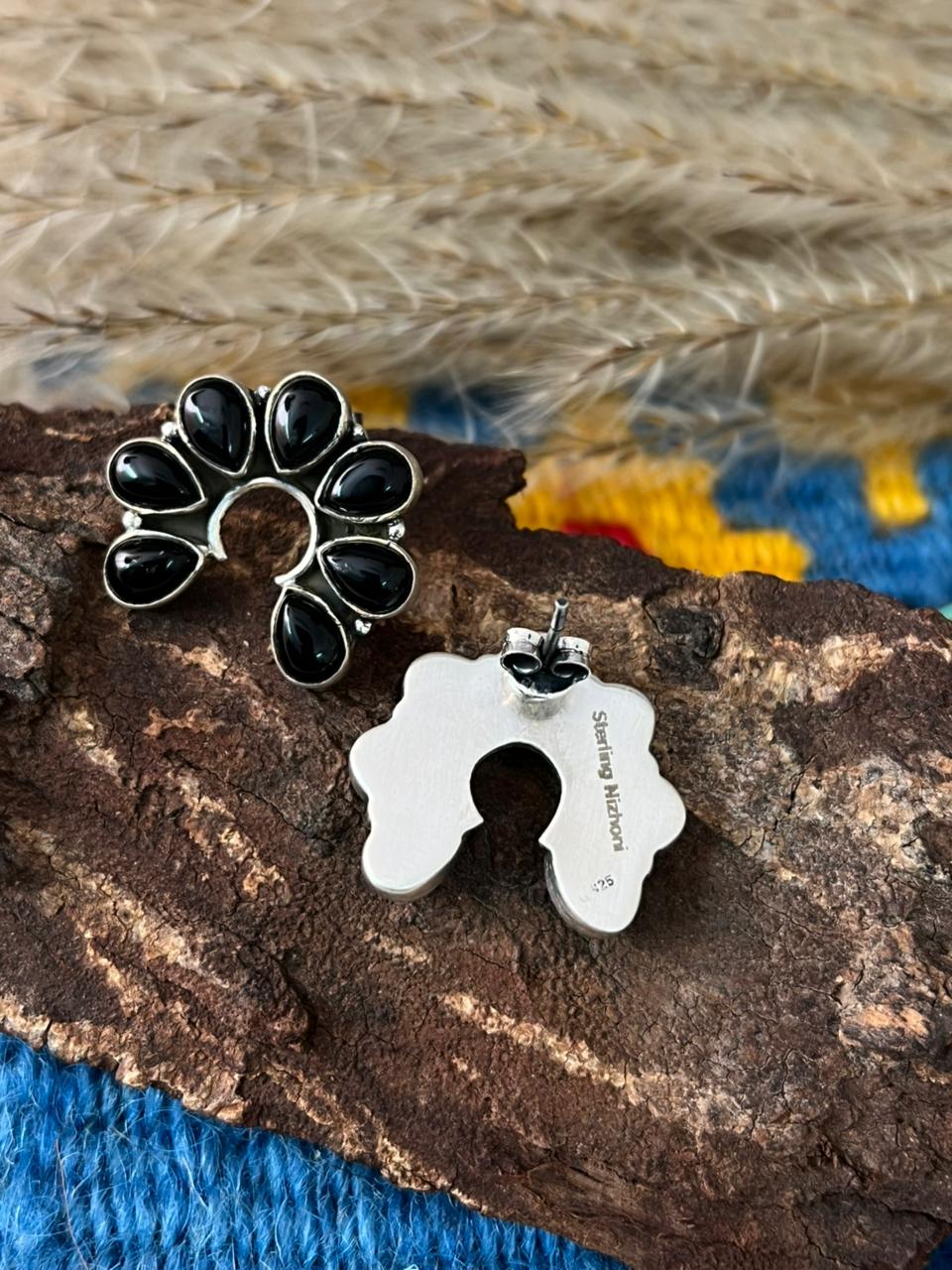 Handmade Sterling Silver Black Onyx Naja Post Studs Earrings "Signed Nizhoni"