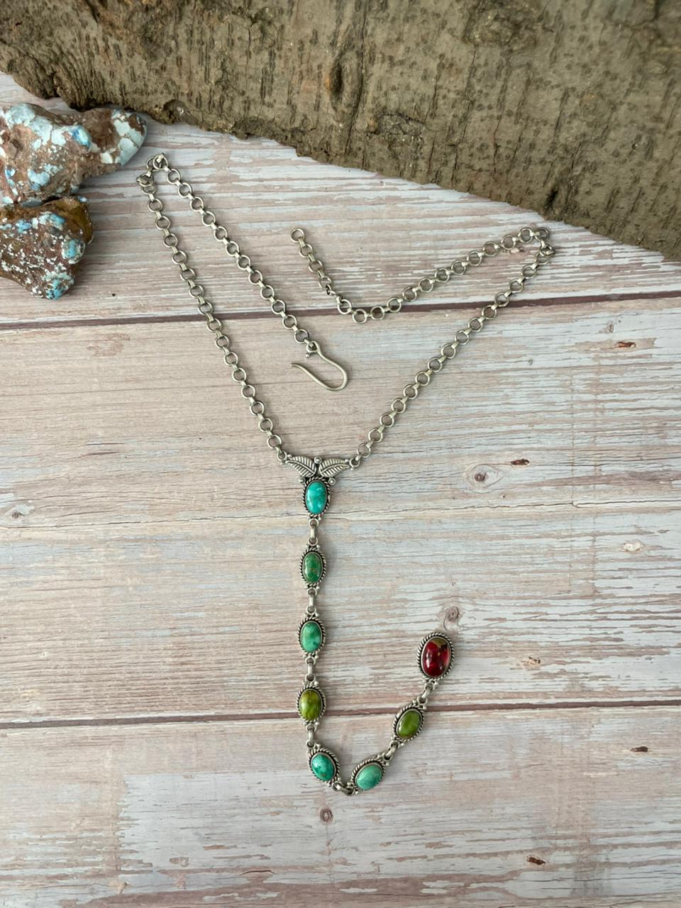 Handmade Sterling Silver Dahlia Rose with Emerald Valley Turquoise Necklace "Signed Nizhoni"