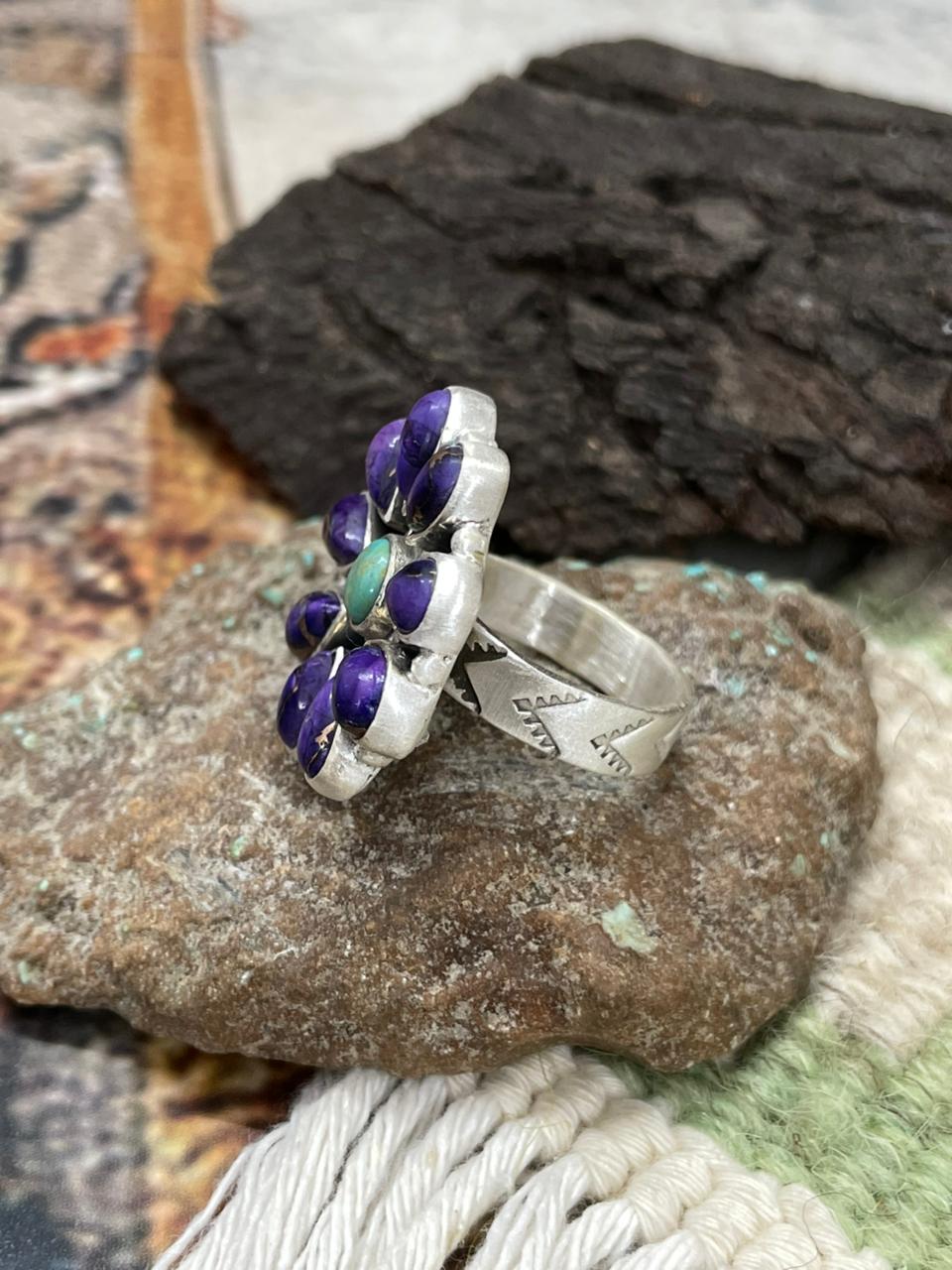 Handmade Sterling Silver Grape Dahlia with Kingman Turquoise Adjustable Ring "Signed Nizhoni"