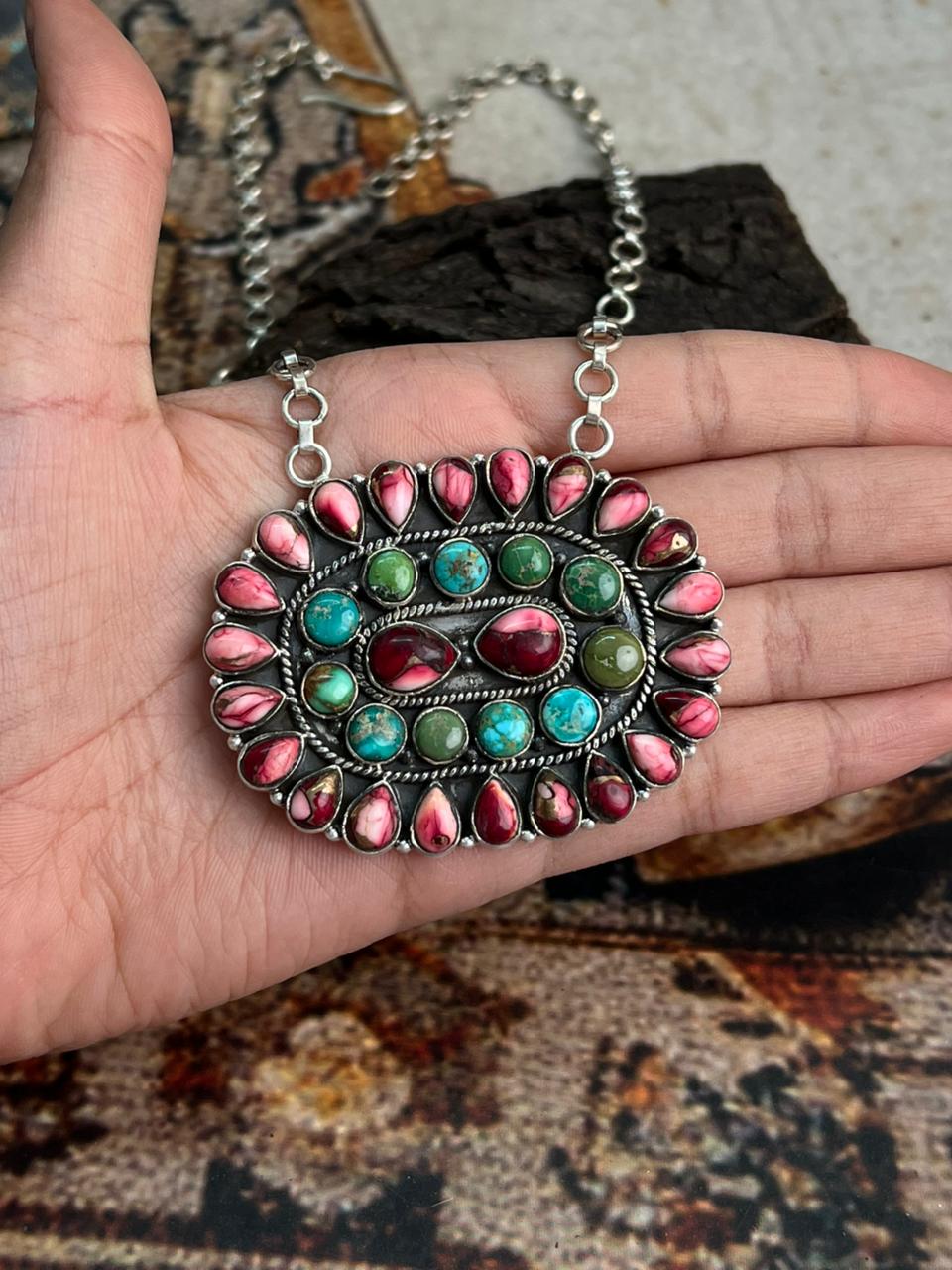 Handmade Sterling Silver Dahlia Rose with Emerald Valley Turquoise Necklace "Signed Nizhoni"