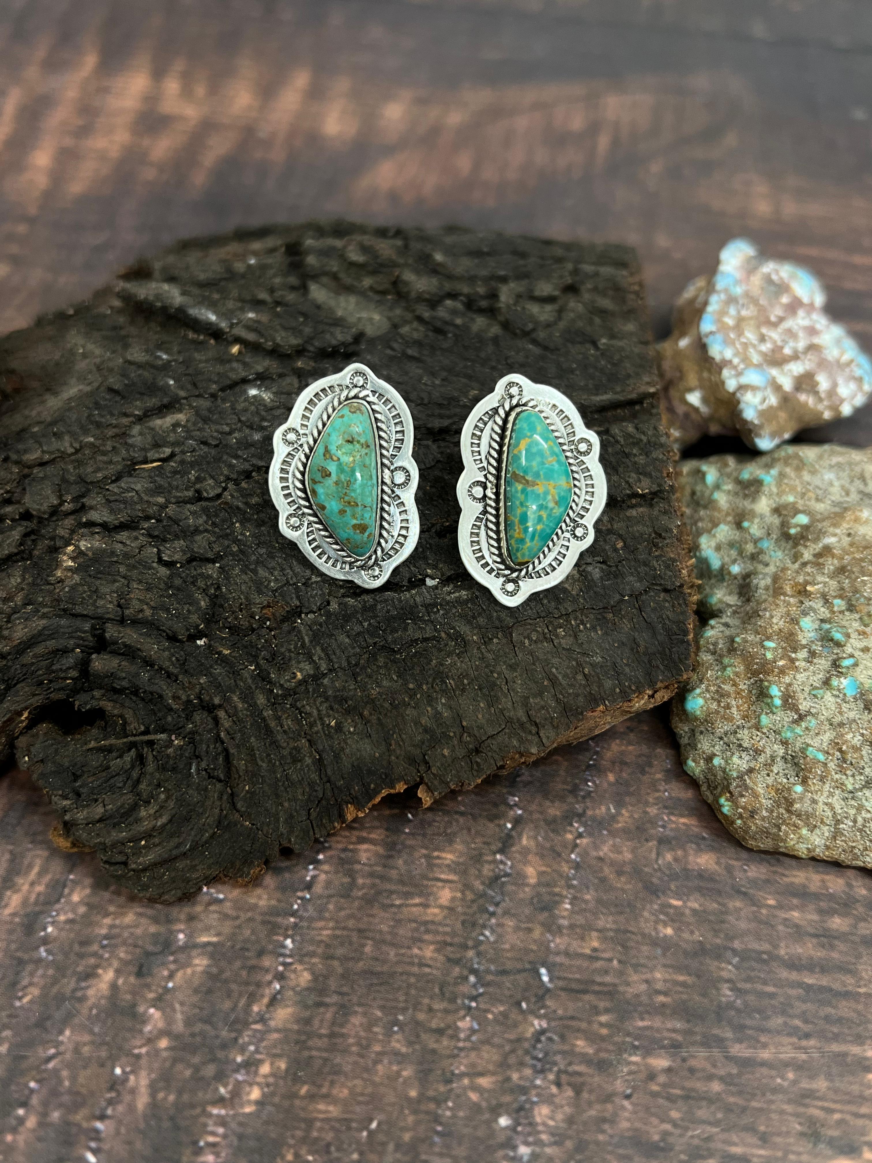 Handmade Sterling Silver Mantis Turquoise Post Studs, Signed Nizhoni