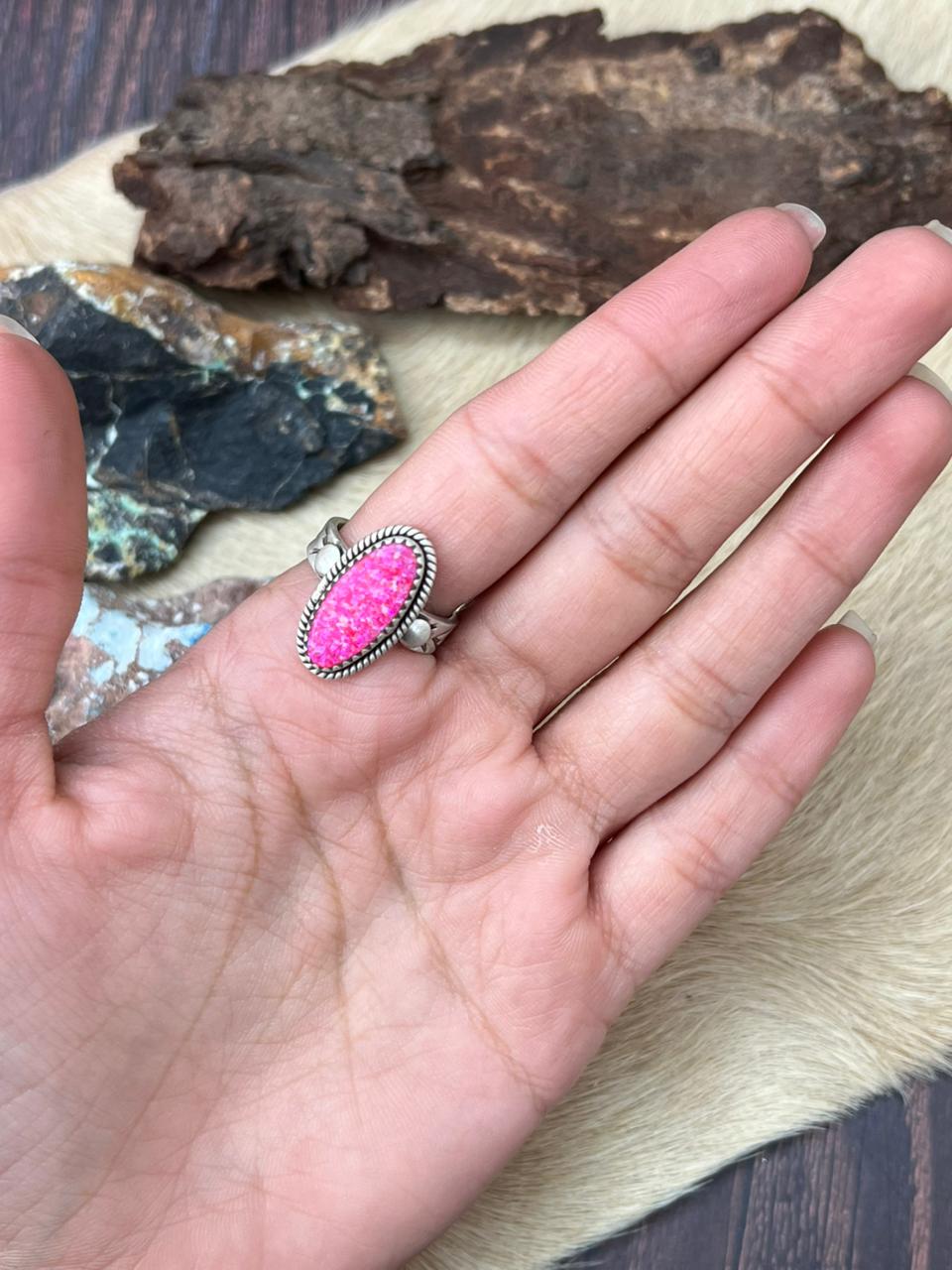 Handmade Sterling Silver Hot Pink Adjustable Ring "Signed Nizhoni"