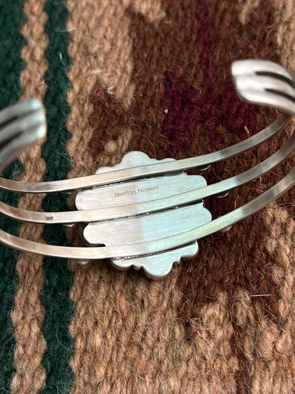 Handmade Sterling Silver Dahlia Rose with Emerald Valley Turquoise Cuff Bracelet "Signed Nizhoni"