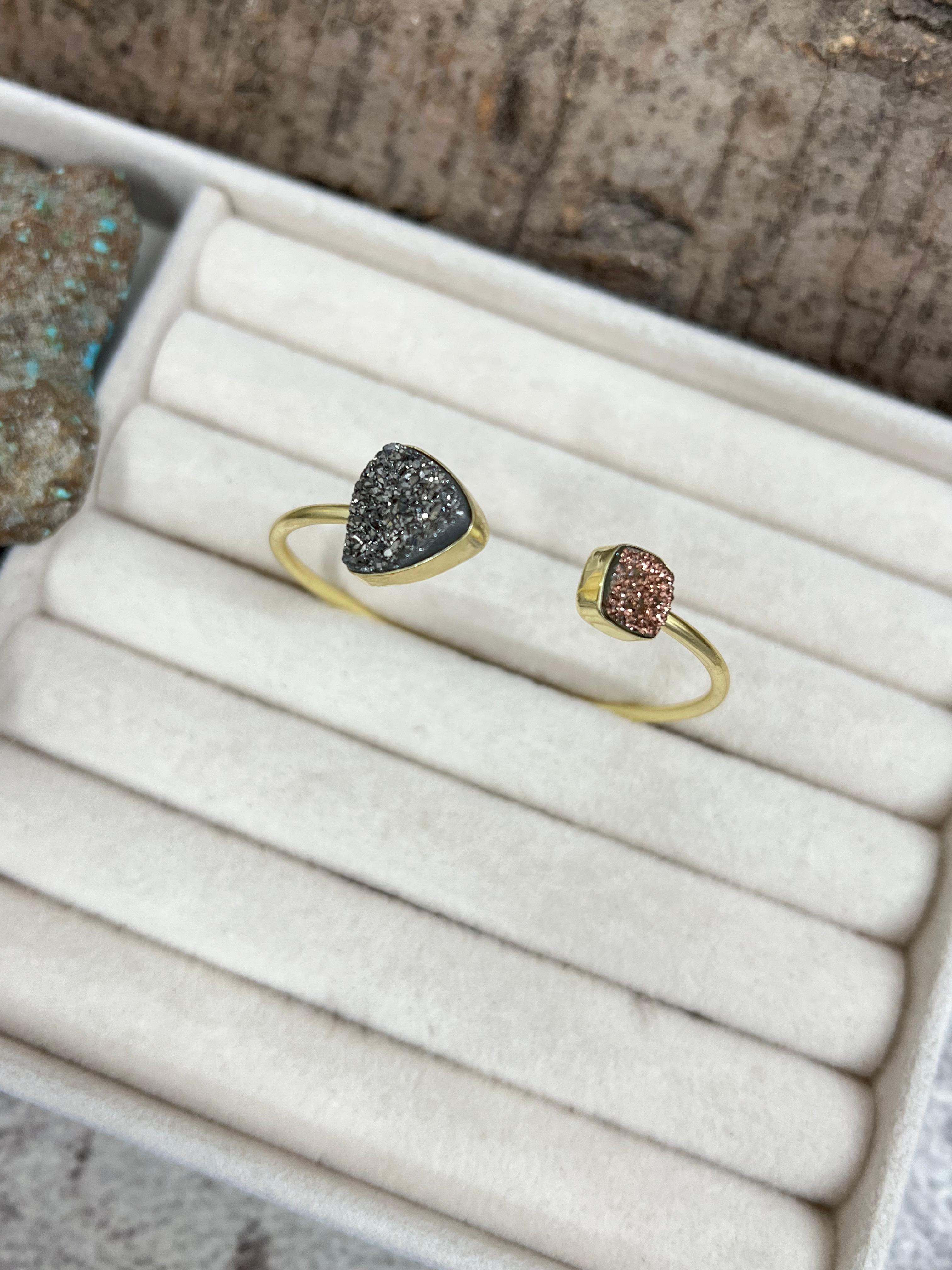 “The Boho Collection” Handmade Natural Gold Plated 2 Stone Druzy Open Cuff Bracelet