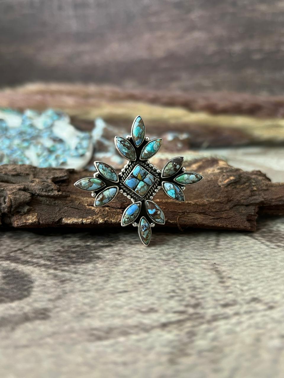 Handmade Sterling Silver 'Golden Hills Turquoise Cobble Collection' Adjustable Ring "Signed Nizhoni"