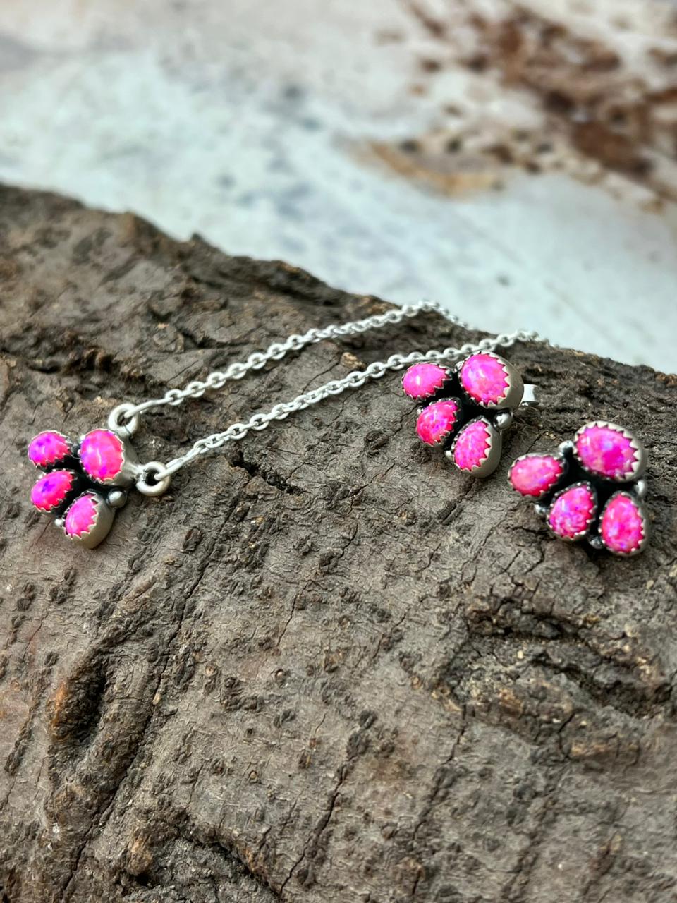 Handmade Sterling Silver Hot Pink Heart Necklace Earrings Set "Signed Nizhoni"