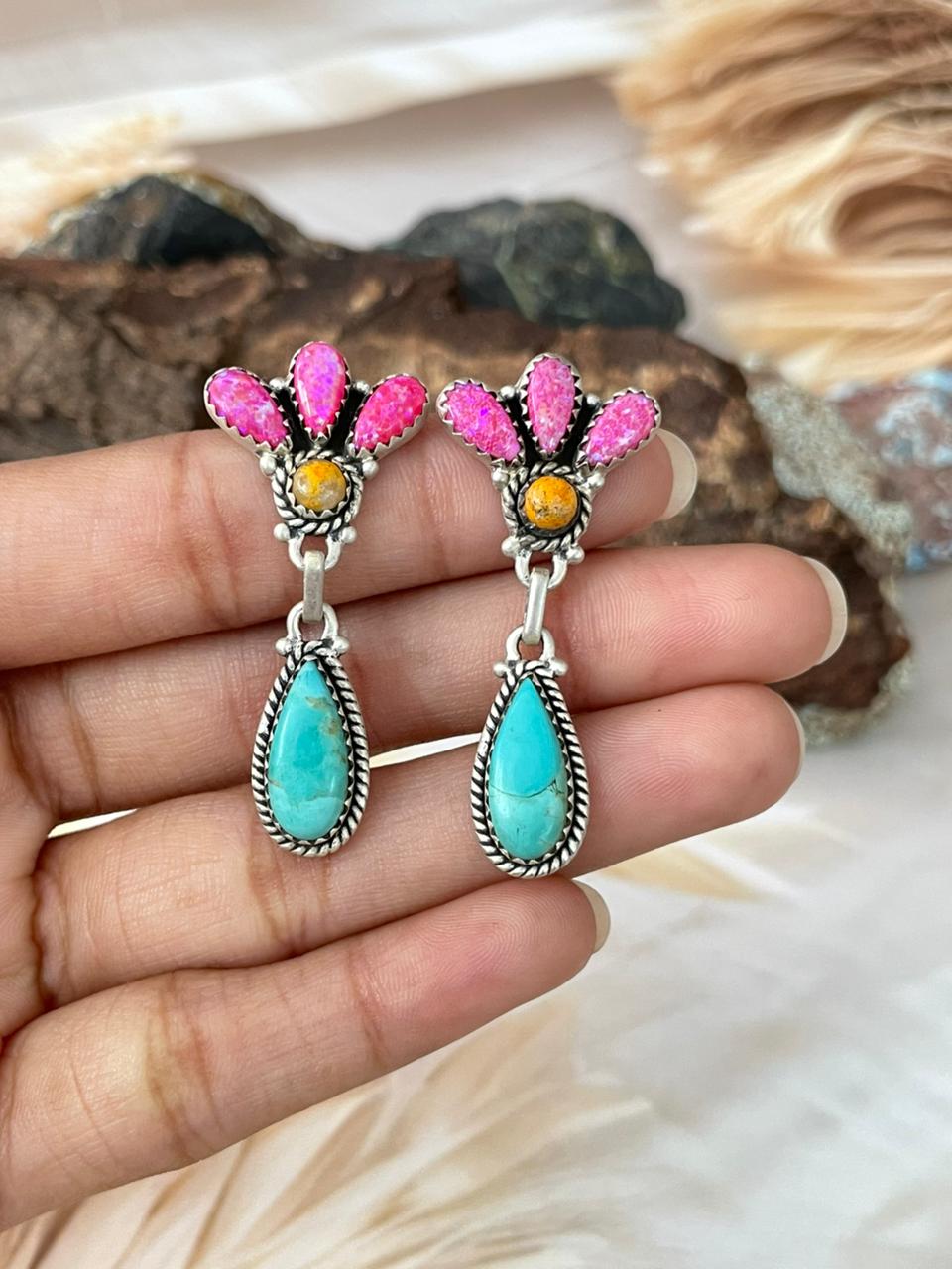 Handmade Sterling Silver Spring Collection: Hot Pink with Bumblebee and Kingman Post Dangle Earrings "Signed Nizhoni"