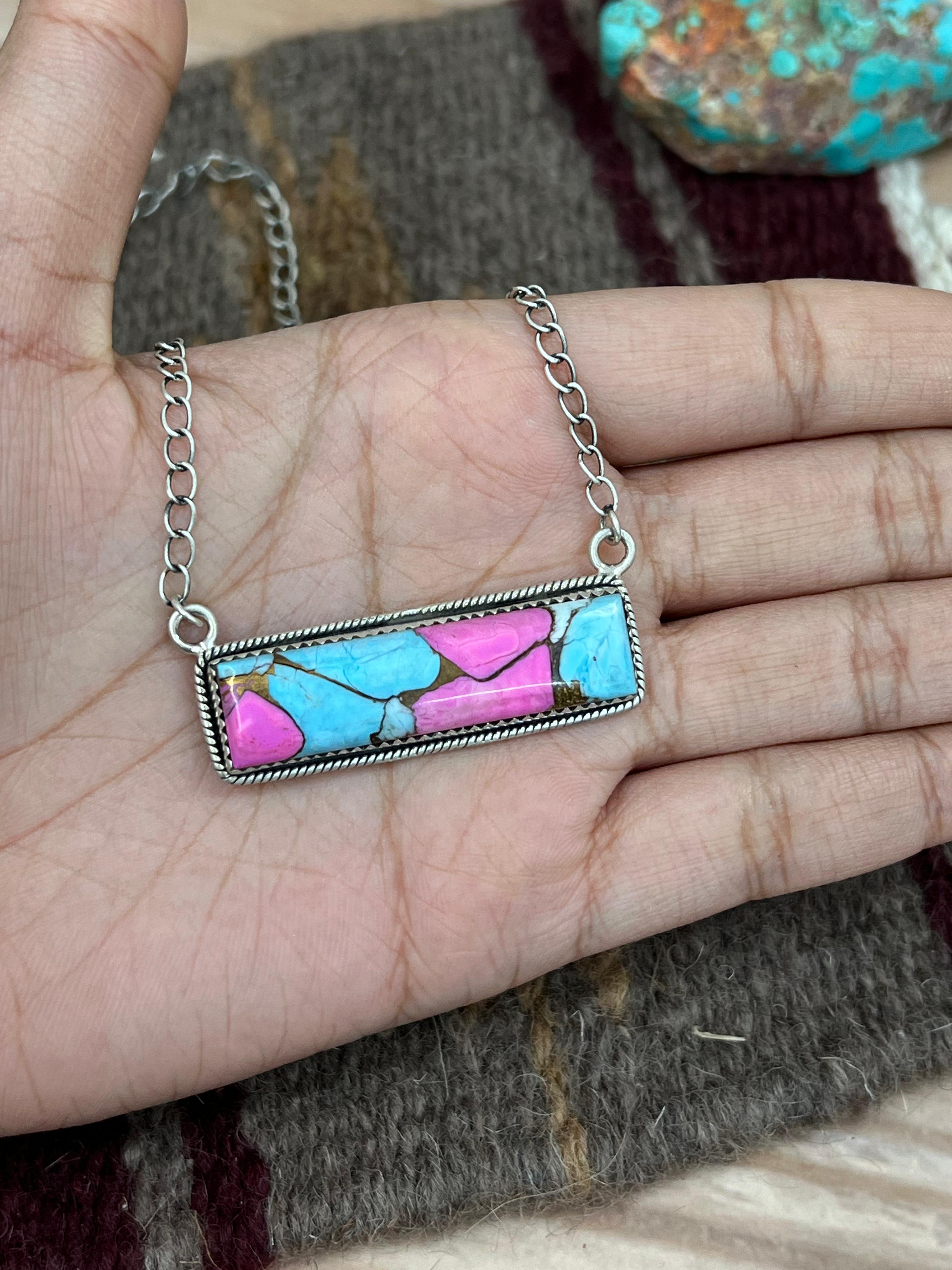 Handmade Sterling Silver Cotton Candy Turquoise Necklace with Signed Nizhoni